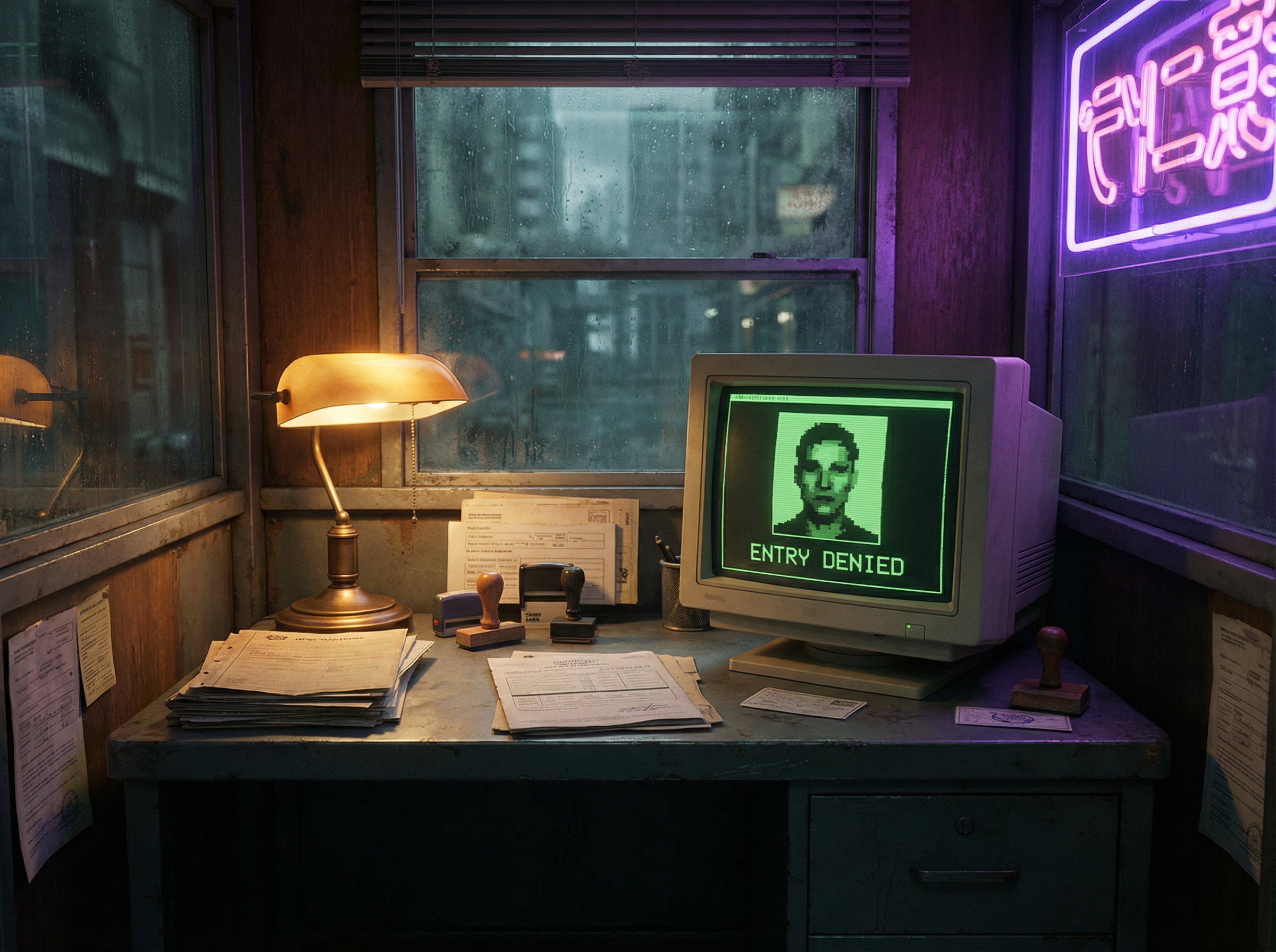 Border checkpoint desk with retro CRT monitor showing a pixelated face, Papers Please style inspection booth