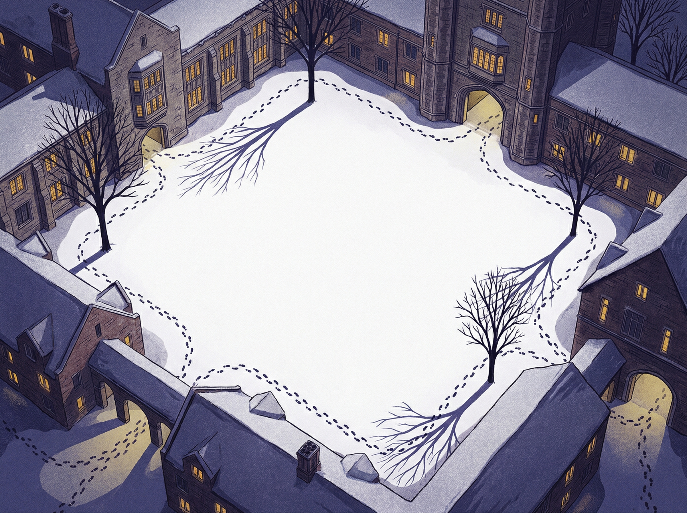 Editorial illustration showing a snowy campus quad from above with footprints avoiding the center, tracing paths along building edges