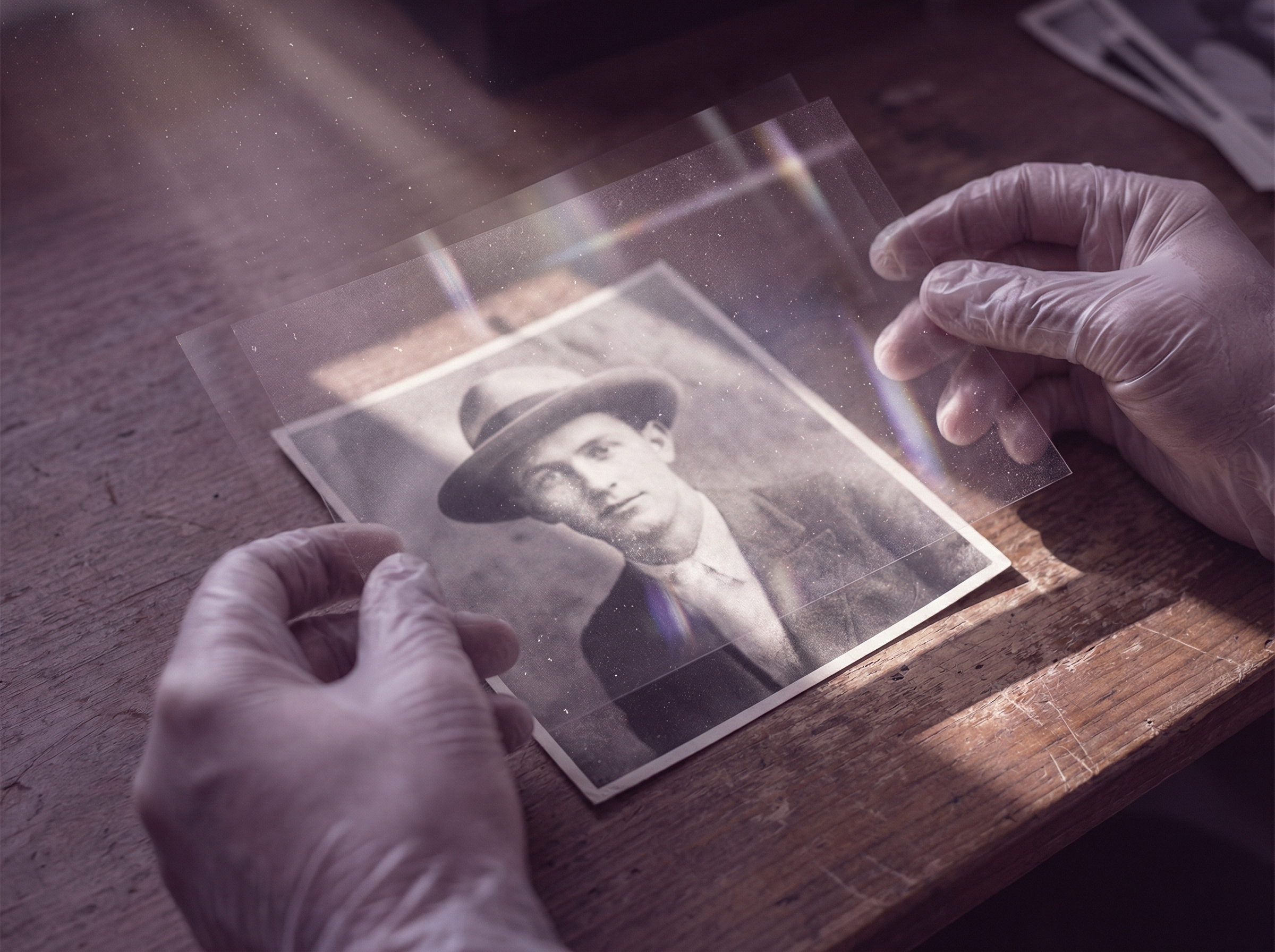 An AI-generated photograph deliberately marred with film grain and lens flare, imperfections floating like deliberate brushstrokes