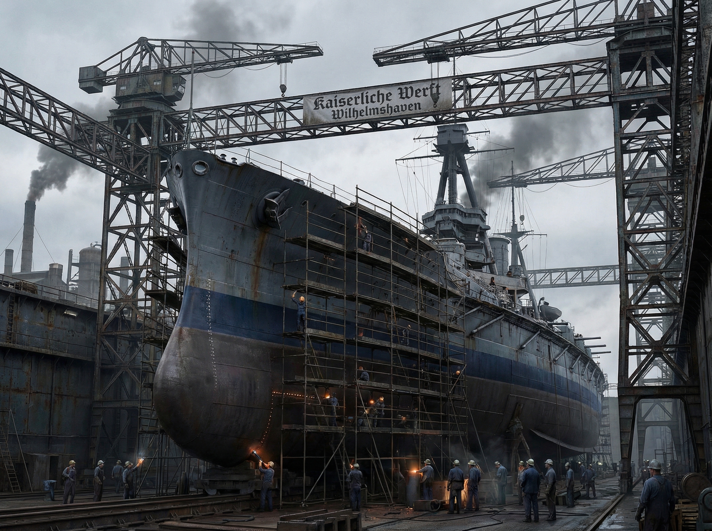 A German Imperial battleship in drydock with thick armored hull plates being riveted