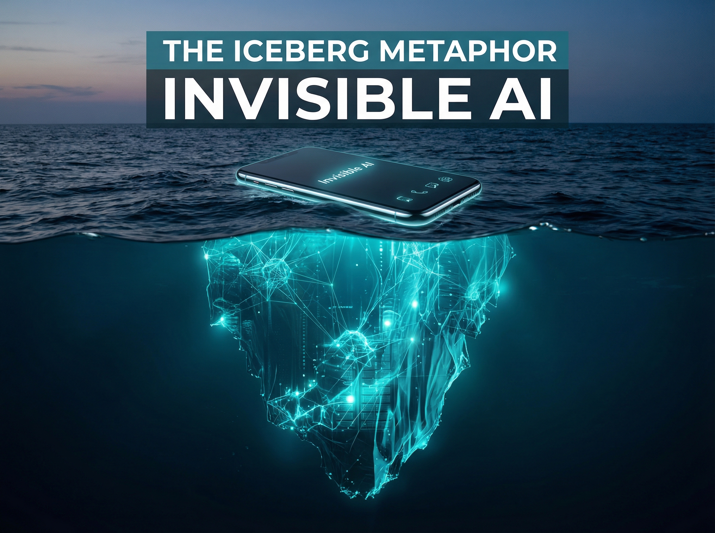 Iceberg metaphor showing iPhone above water with massive AI infrastructure below
