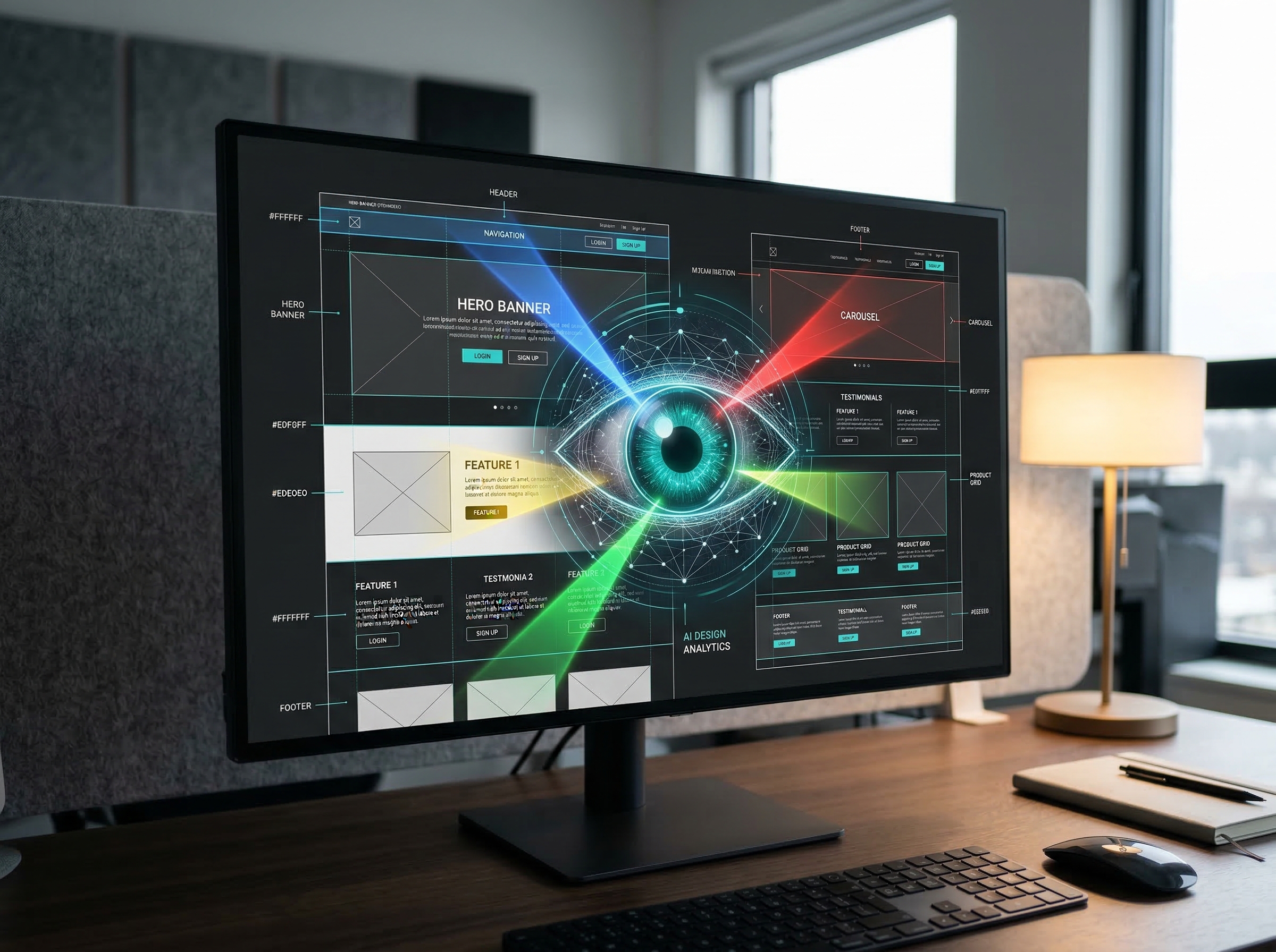 AI eye scanning a UI wireframe pixel by pixel