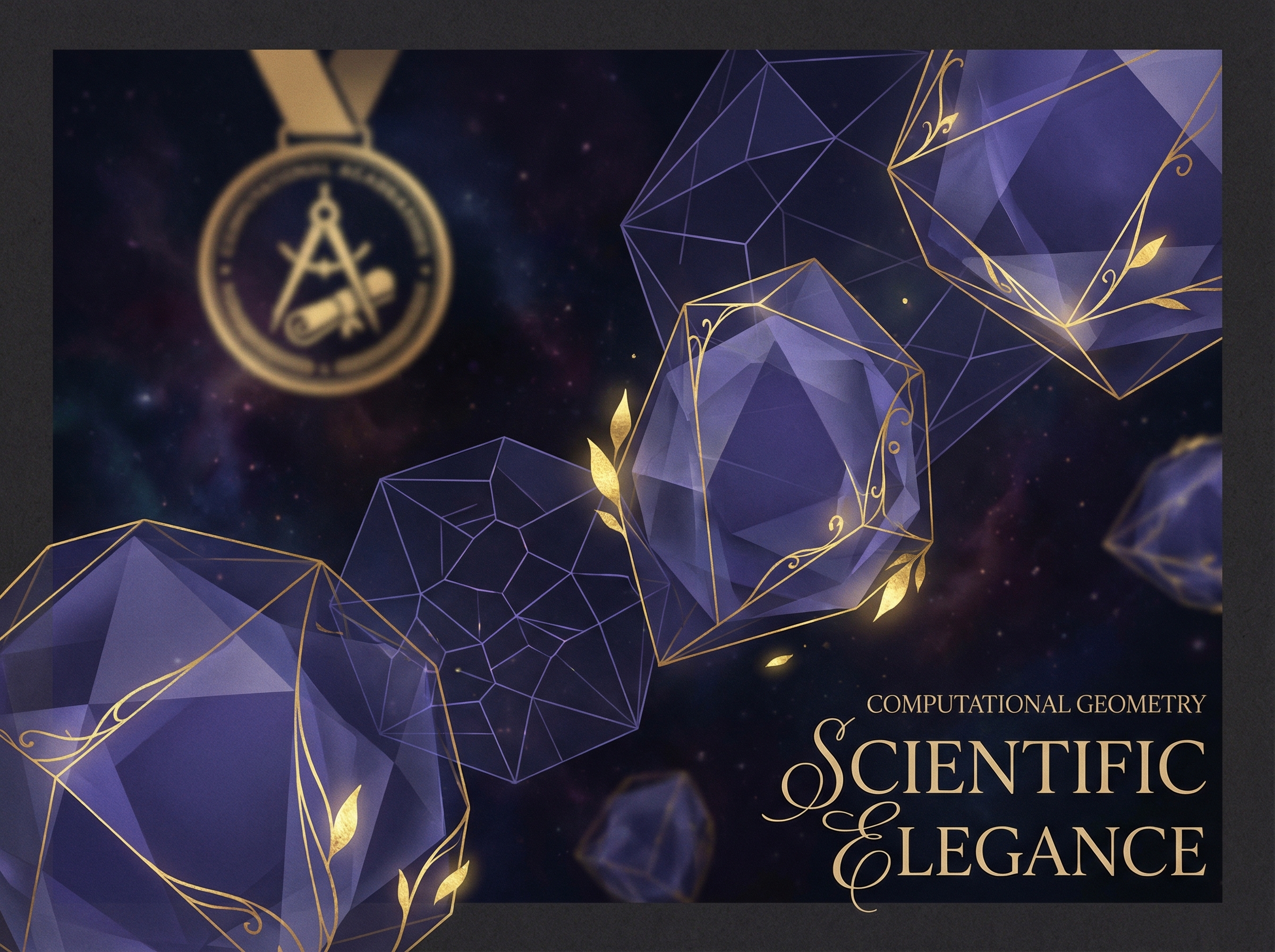 Abstract computational geometry with Voronoi diagrams rendered as crystalline structures in indigo and gold