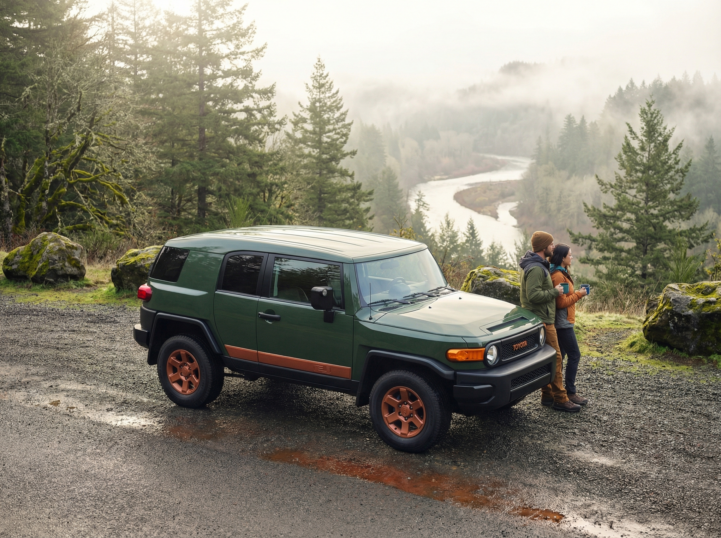 Compact Toyota Land Cruiser FJ at scenic forest overlook