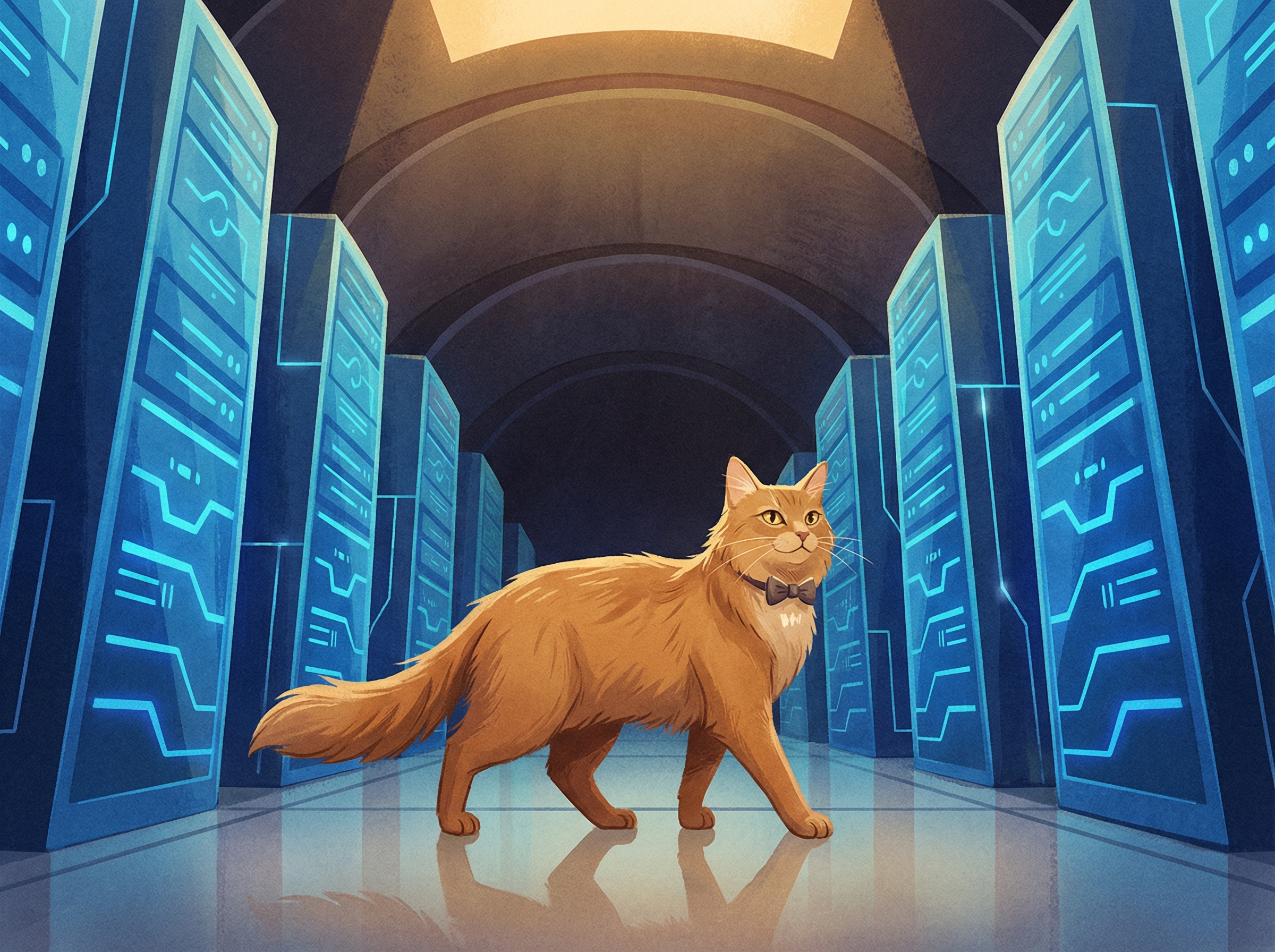 Elegant cat walking past abstract server racks, organic intelligence juxtaposed with digital systems