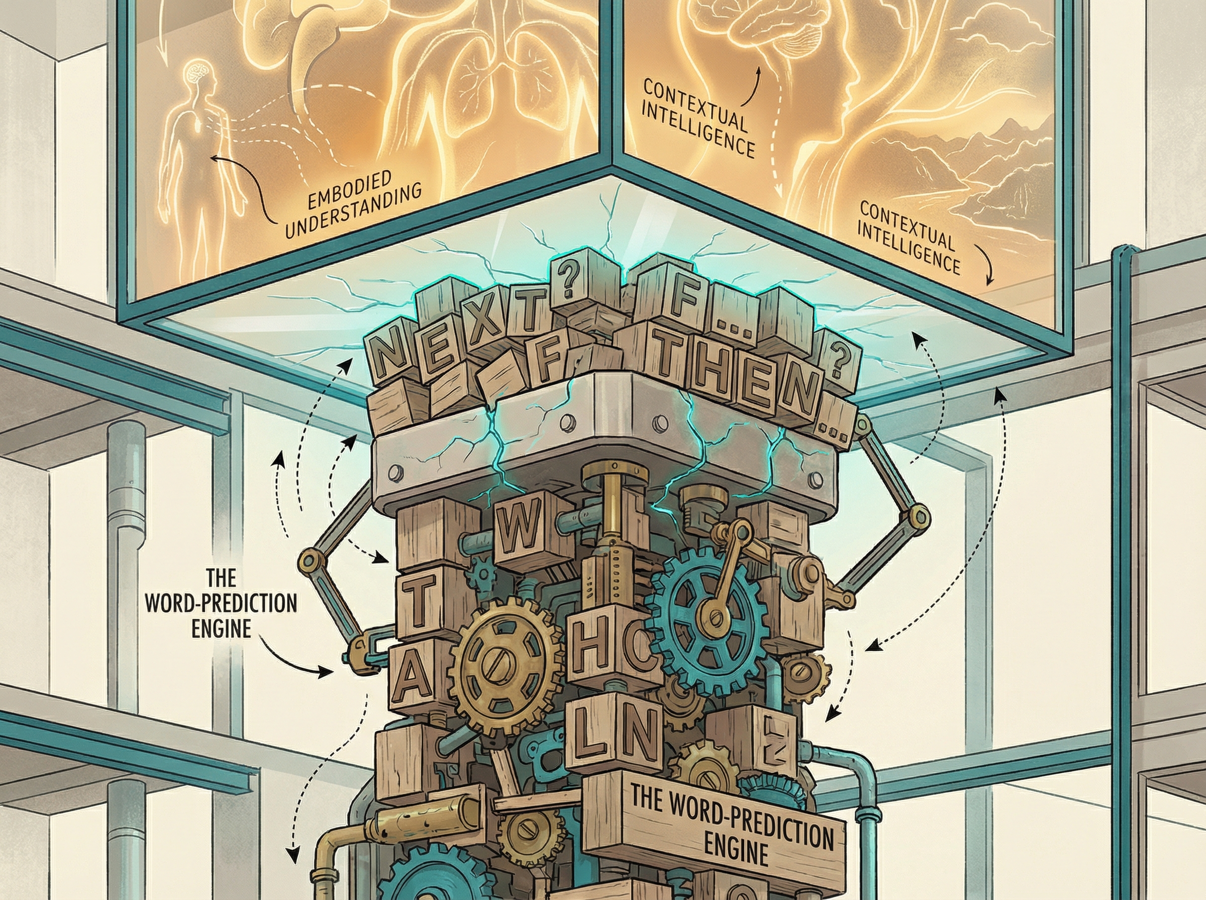 A towering word-prediction machine made of stacked letter blocks reaching a glass ceiling, with a richer world of embodied intelligence glowing above