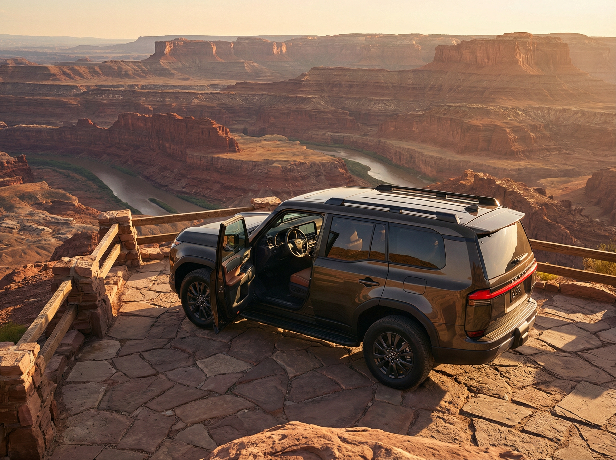 Lexus GX at upscale trailhead with canyon vista