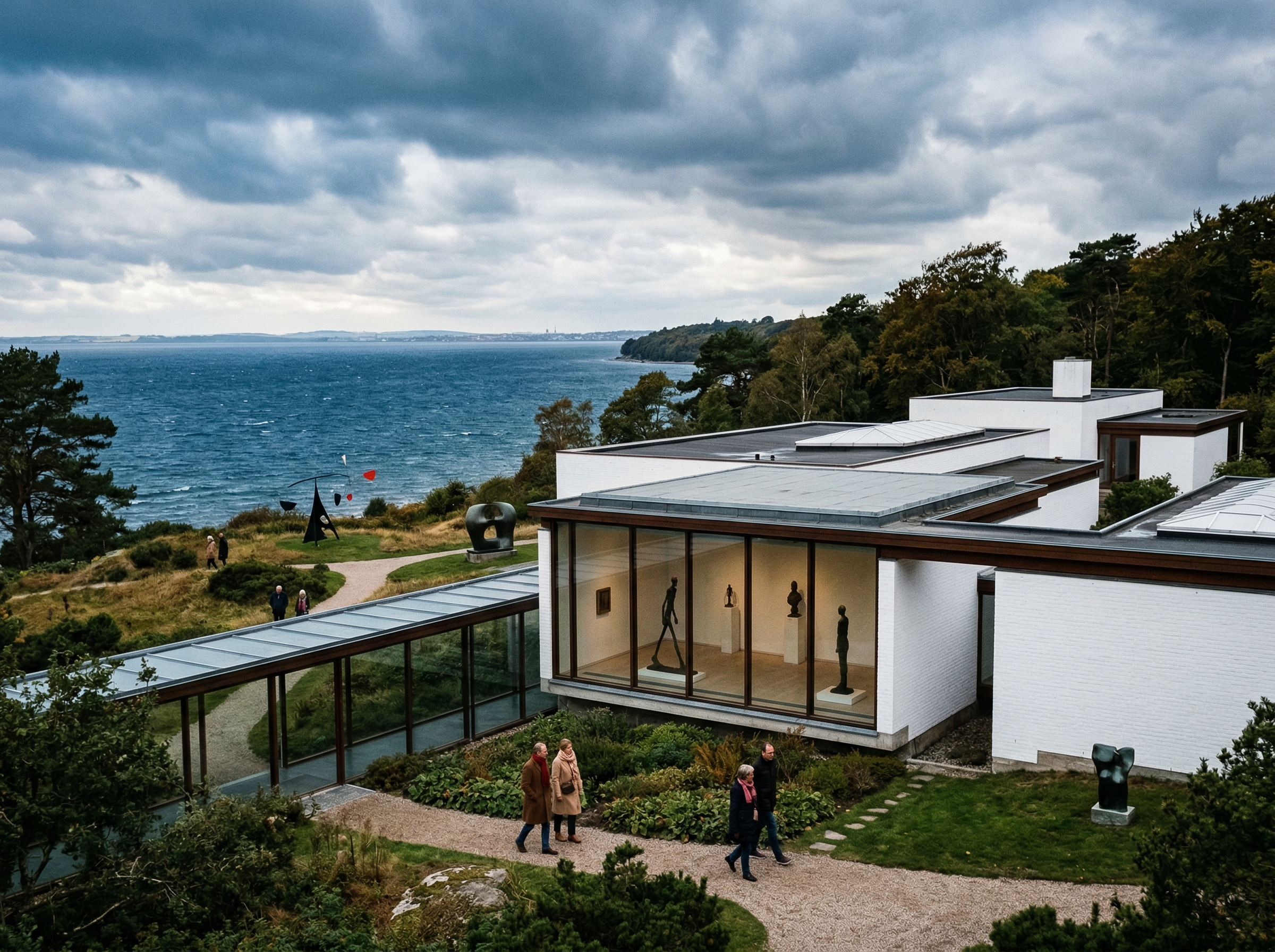 Louisiana Museum of Modern Art's modernist pavilions overlooking the Øresund sea with Giacometti sculptures visible