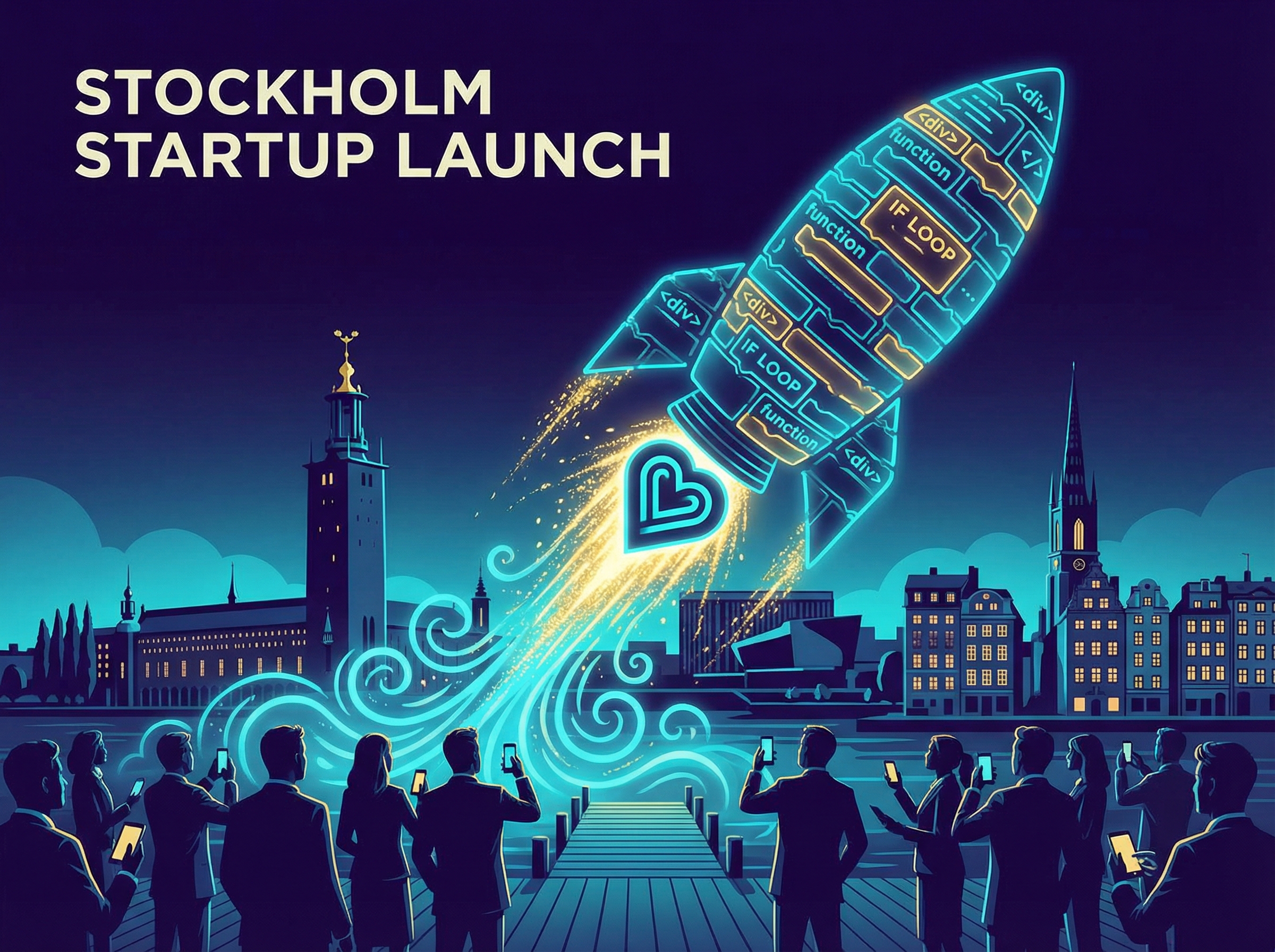 A code-block rocket launching from Stockholm, trailing golden sparks and investor silhouettes