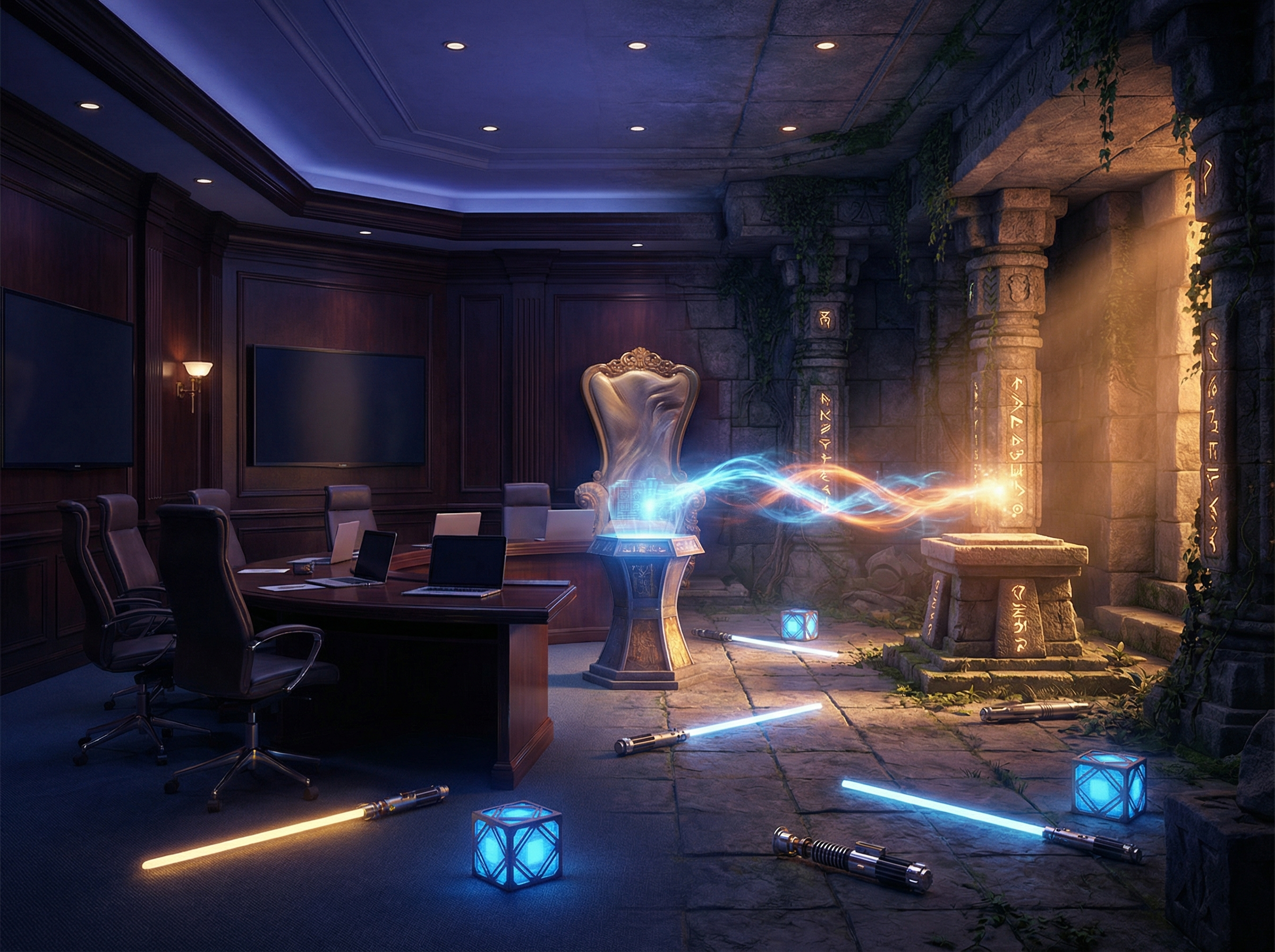 Boardroom transitioning to mythic temple with lightsabers