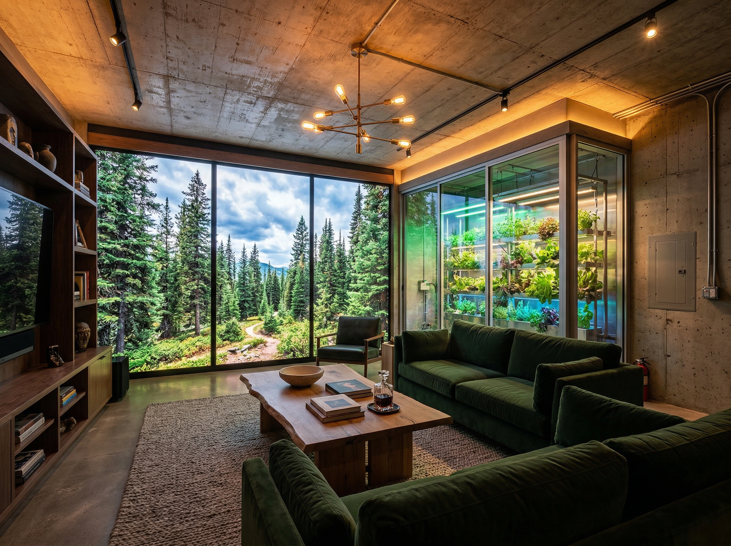 Lavish underground living room with digital windows showing forest landscape and hydroponic garden visible through glass wall