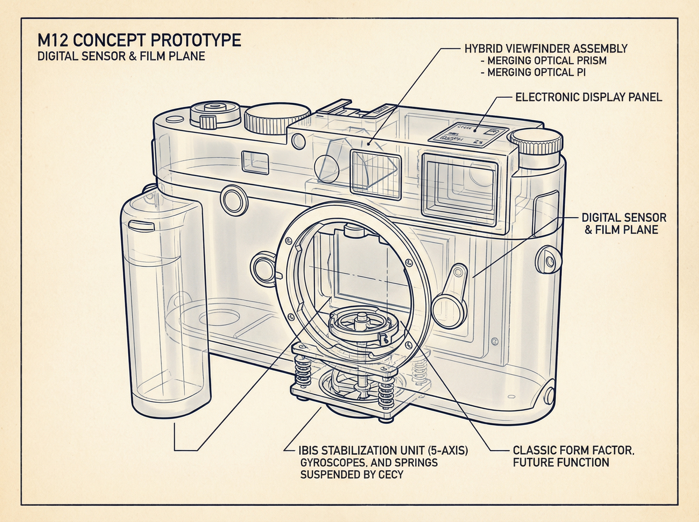 Blueprint-style visualization of M12 camera with hybrid viewfinder and IBIS concepts