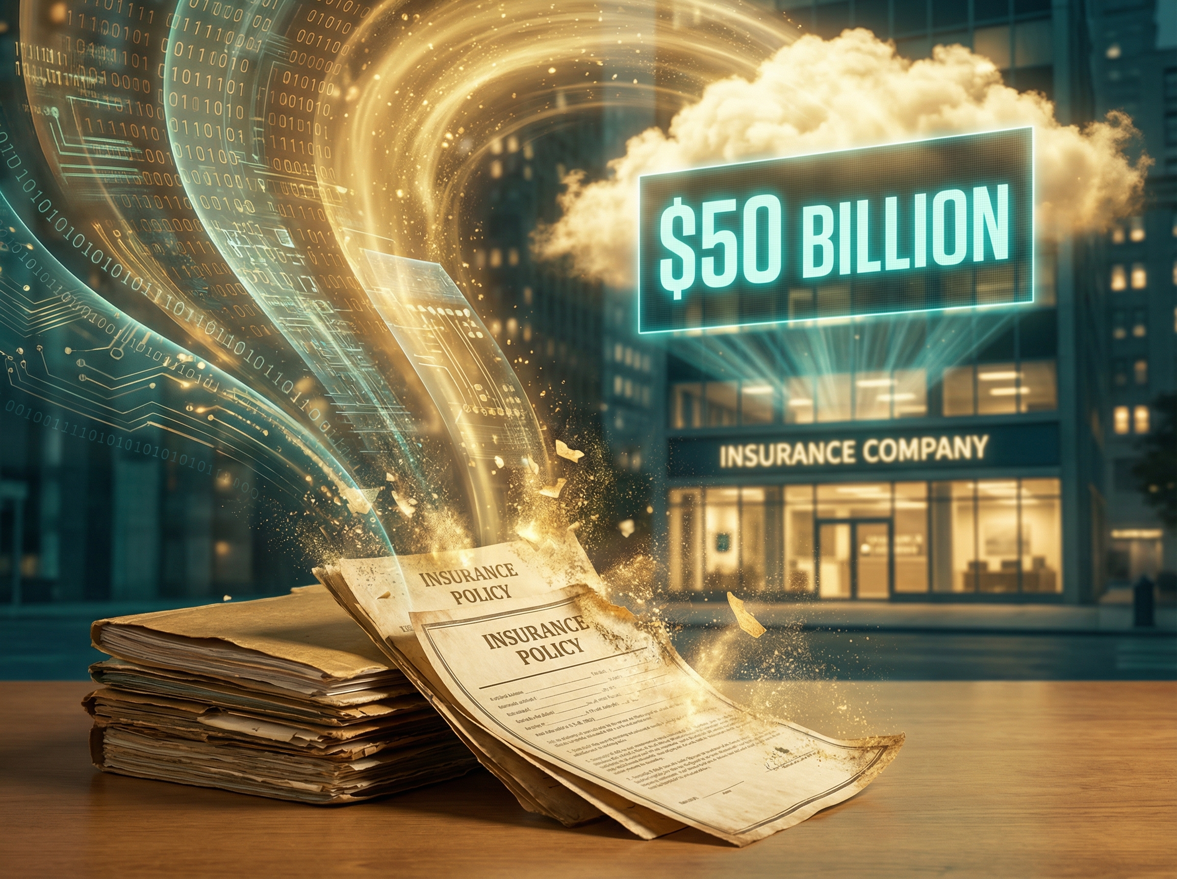 Insurance documents transforming into flowing data streams with golden light particles