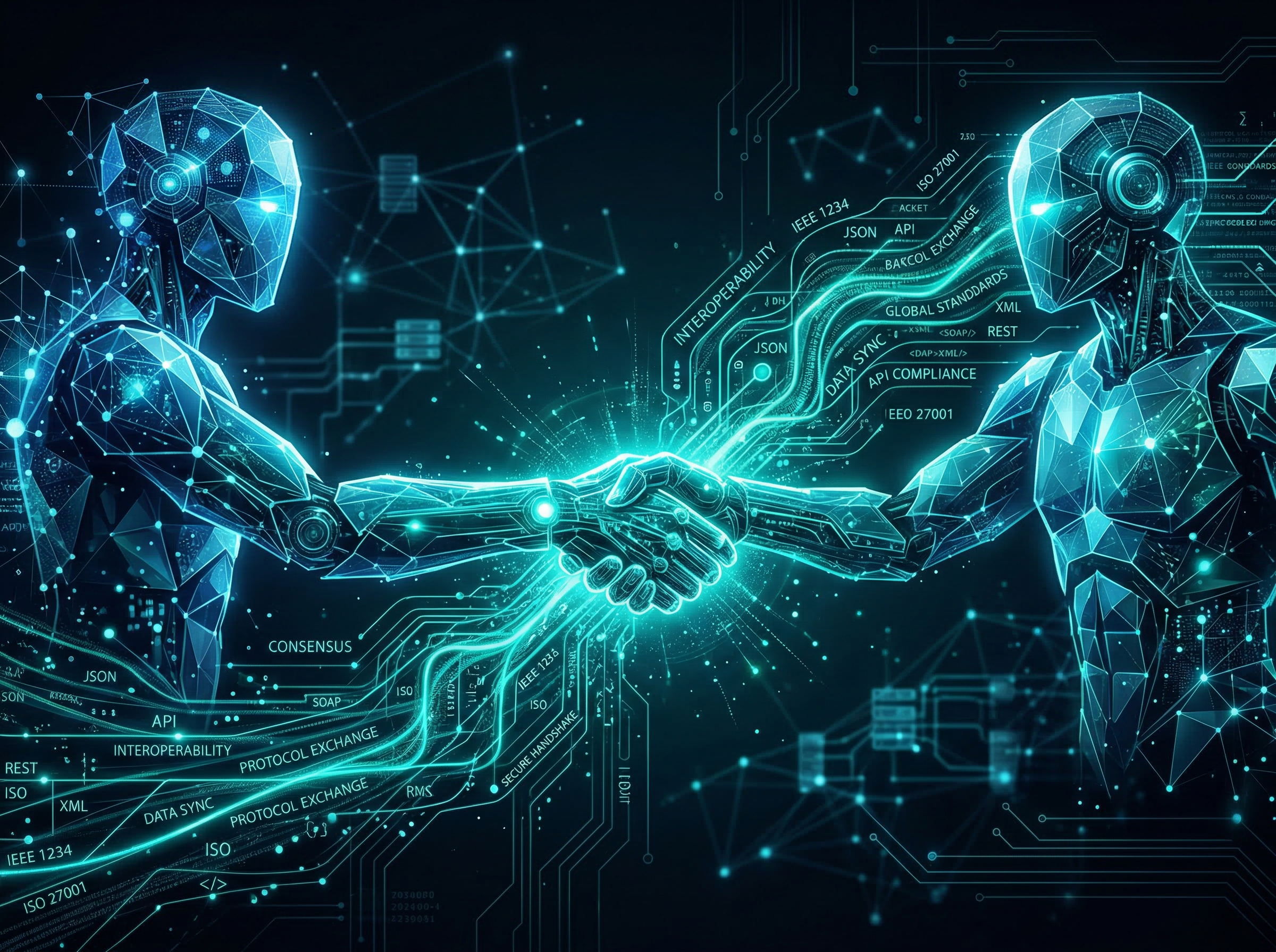 Two AI entities exchanging data through standardized protocol streams