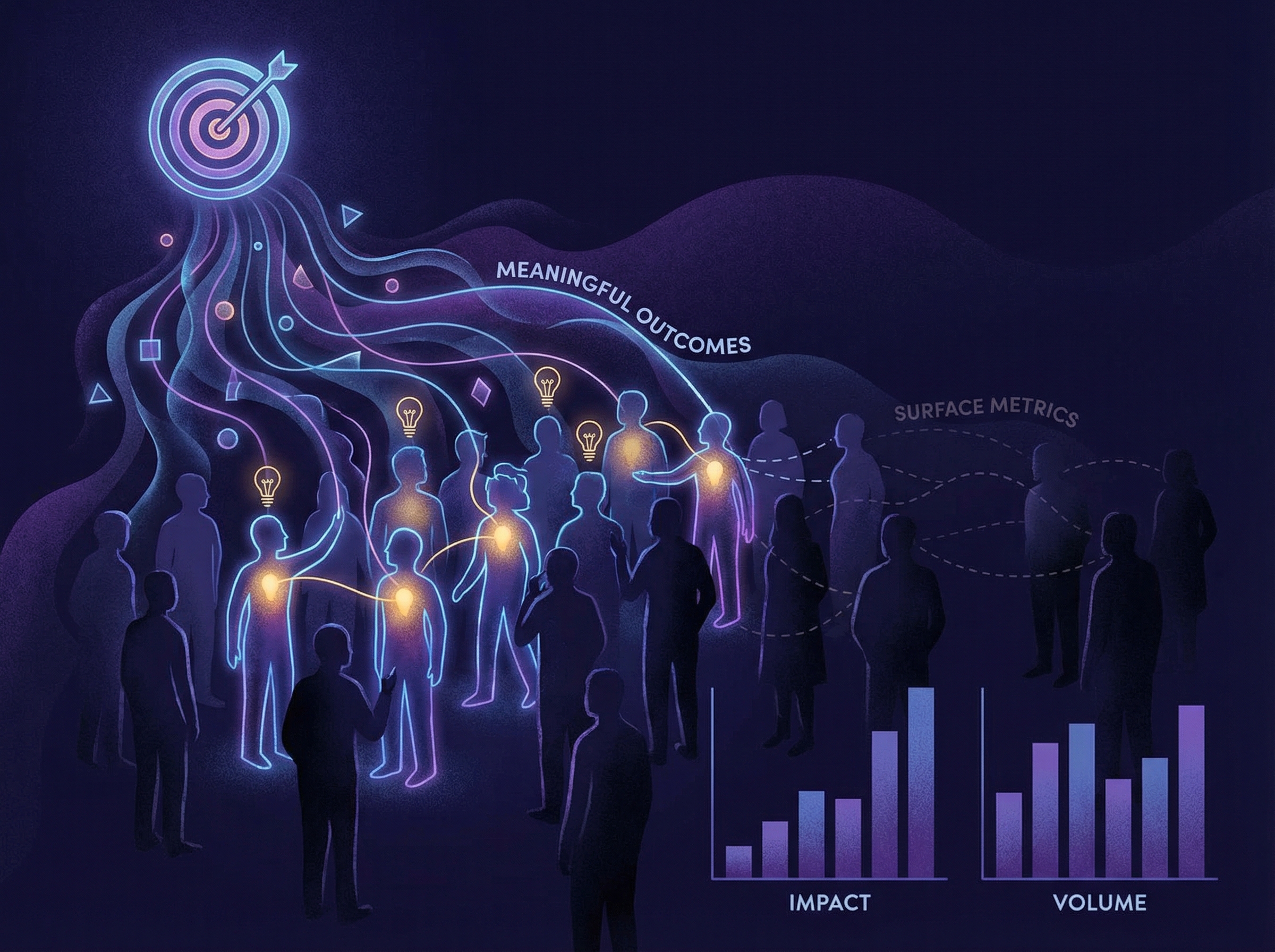 Data flowing from target to audience silhouettes, some illuminated by understanding