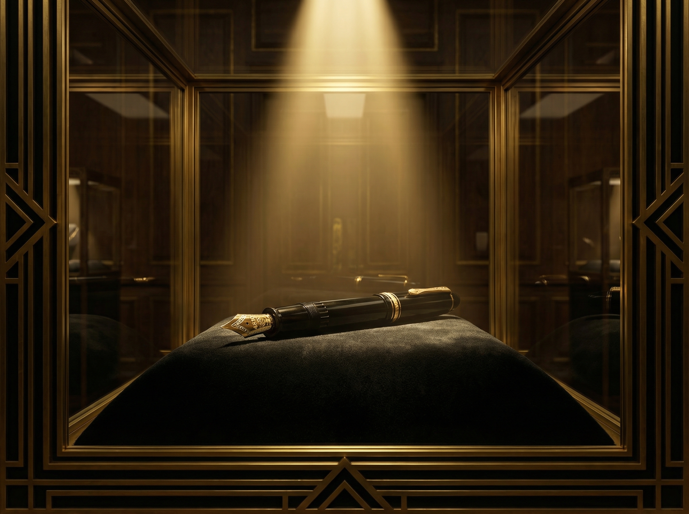 Classic Meisterstück fountain pen in museum display with Art Deco lighting