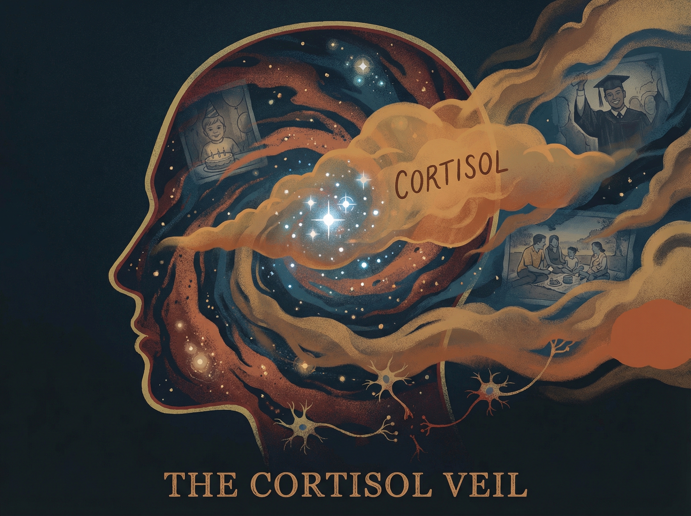 A human head in profile with a galaxy of memories inside, blocked by amber fog representing cortisol