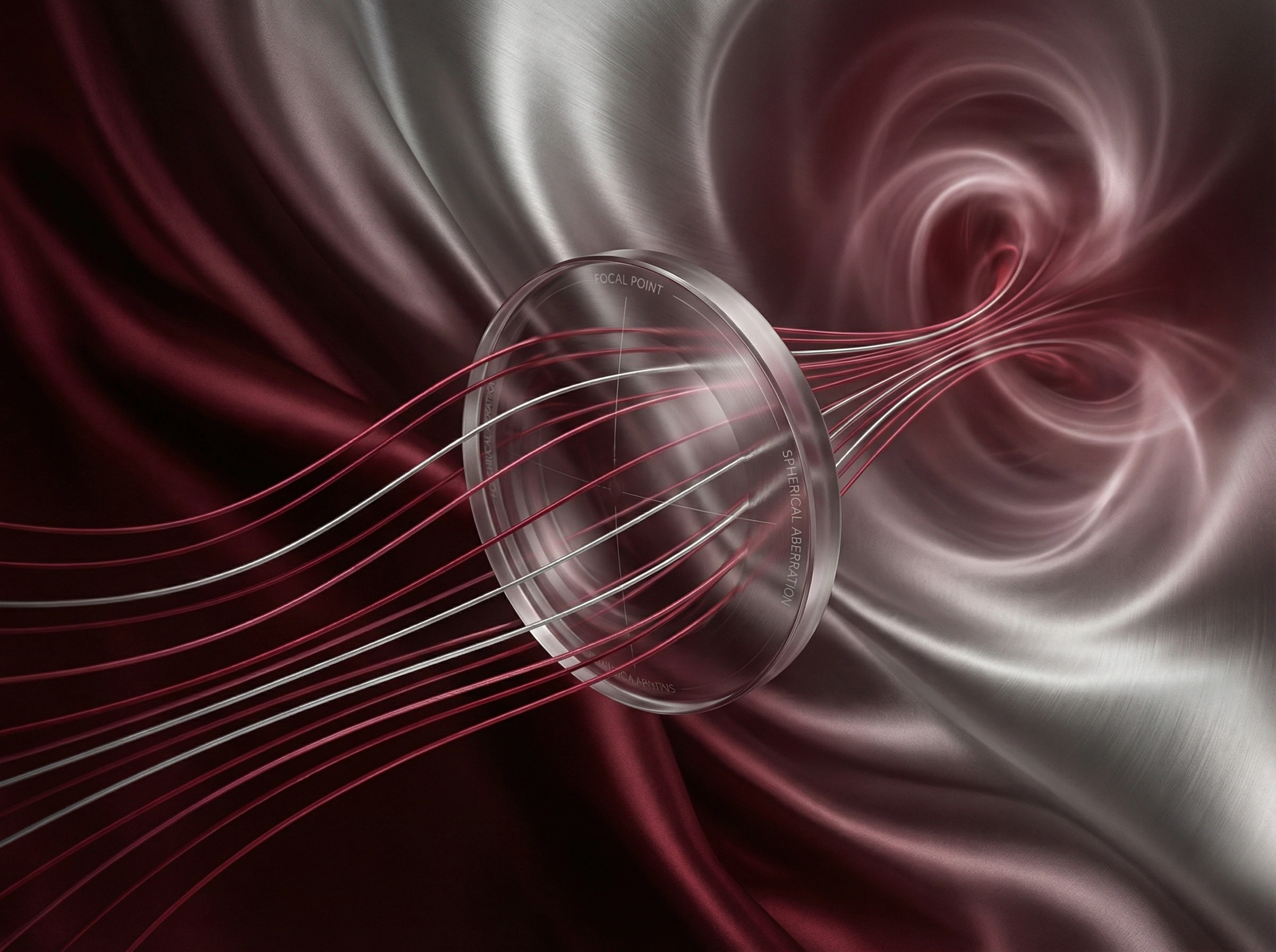 Abstract visualization of light rays bending through lens elements