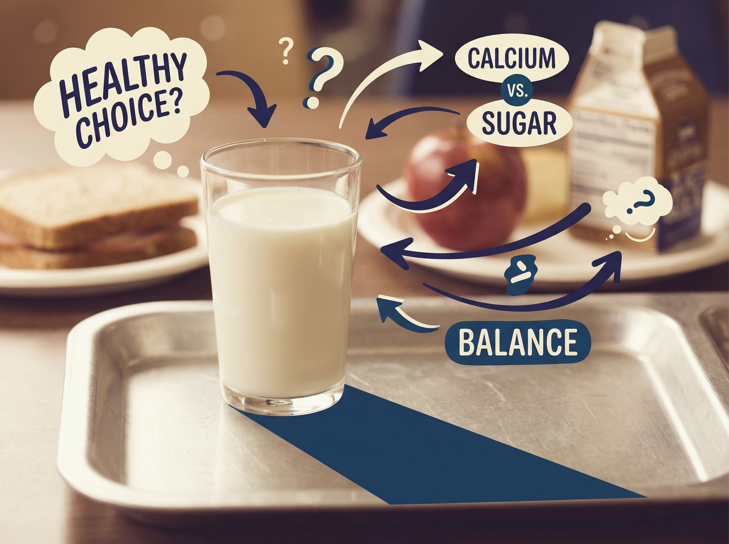 Glass of whole milk on school cafeteria tray