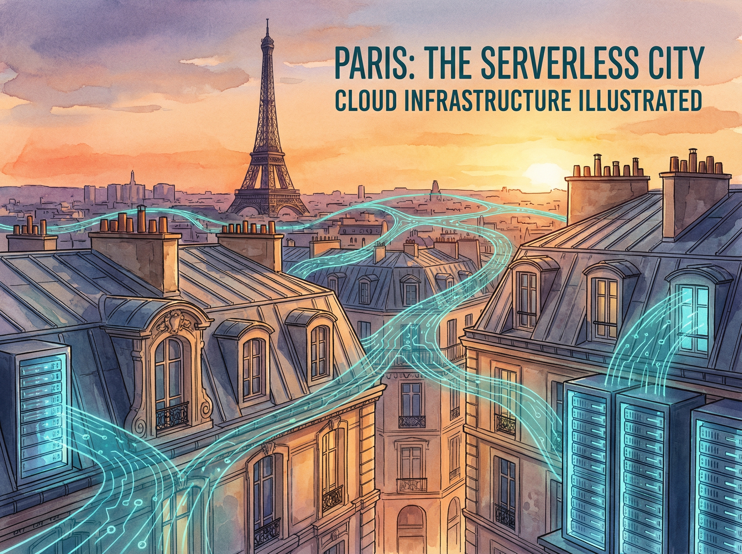 Parisian architecture with server racks and flowing teal data streams