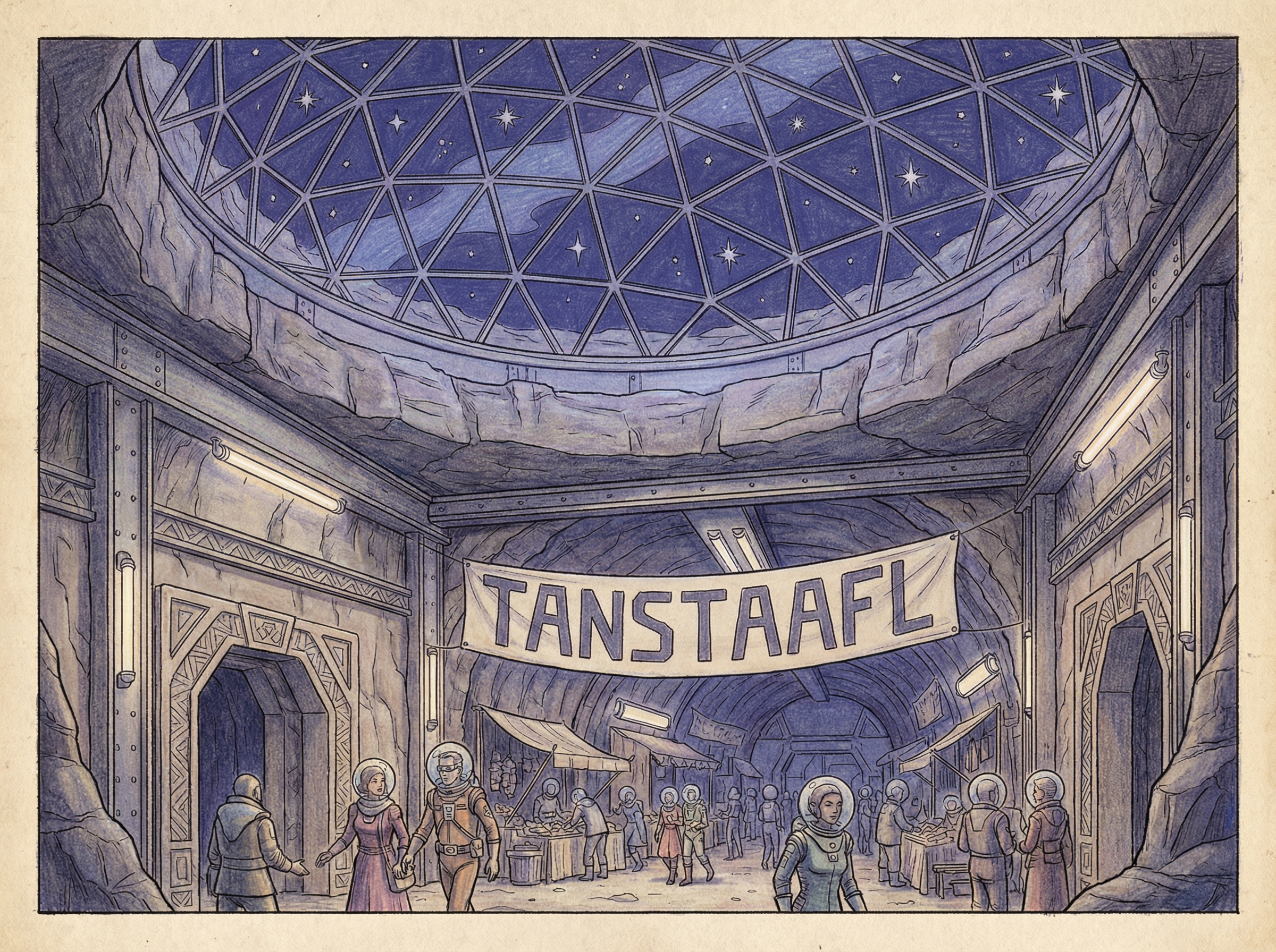 An underground lunar colony with domed ceiling showing stars, a bustling marketplace in retro-futurist style