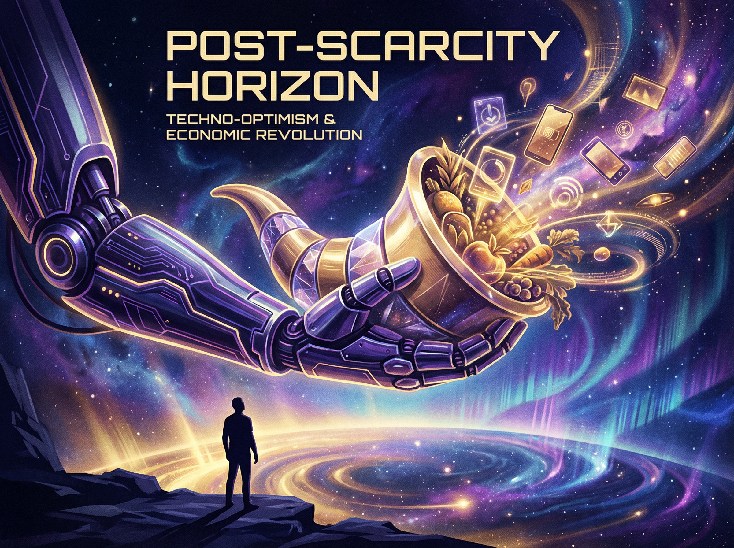 Futuristic robotic arm offering horn of plenty against cosmic backdrop