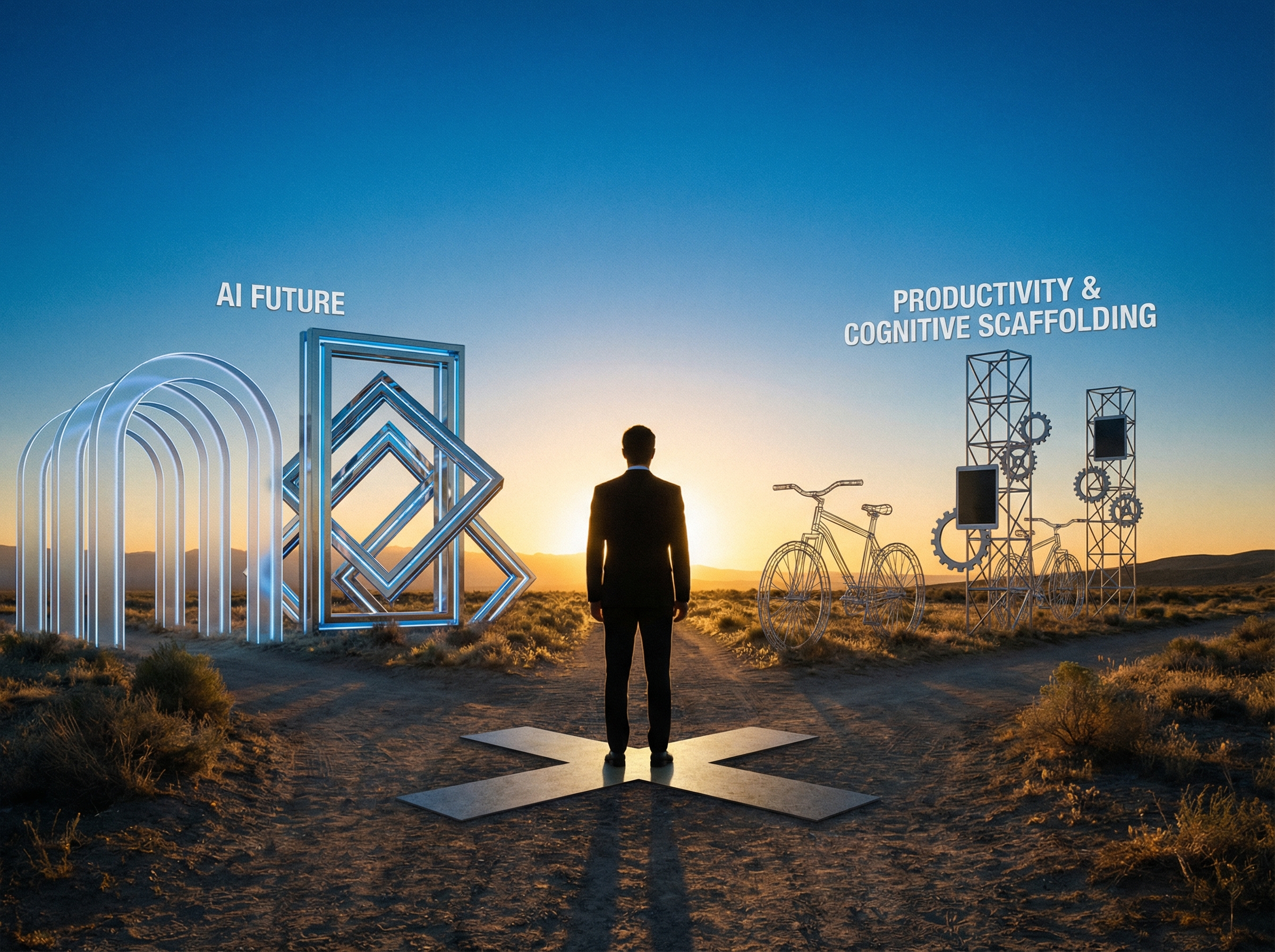 Silhouette of visionary CEO at crossroads where AI future meets productivity tools