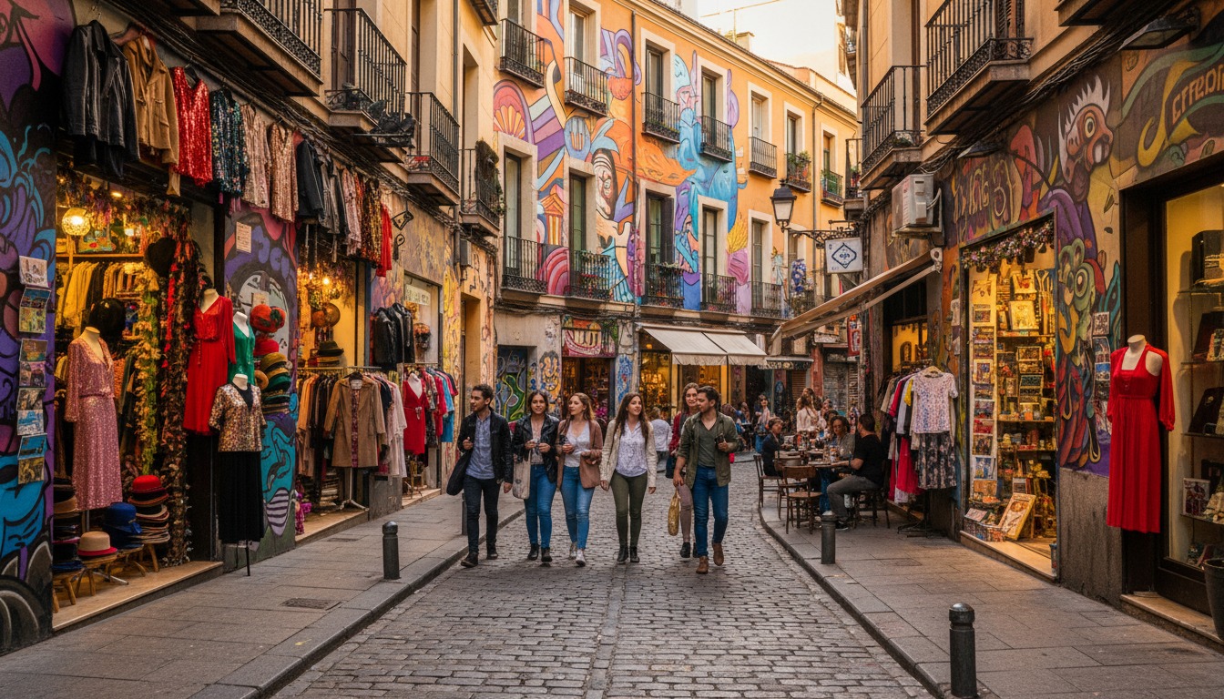 Colorful narrow street in Malasana Madrid with vintage shops, street art, and sidewalk cafes