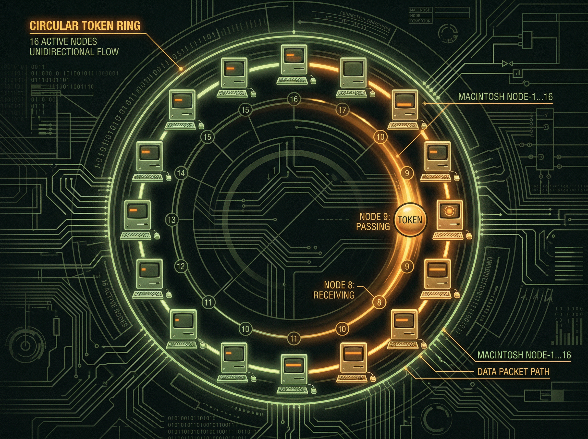 Abstract visualization of a token-passing network: a glowing packet circulating between 16 vintage Macintosh computers in a ring