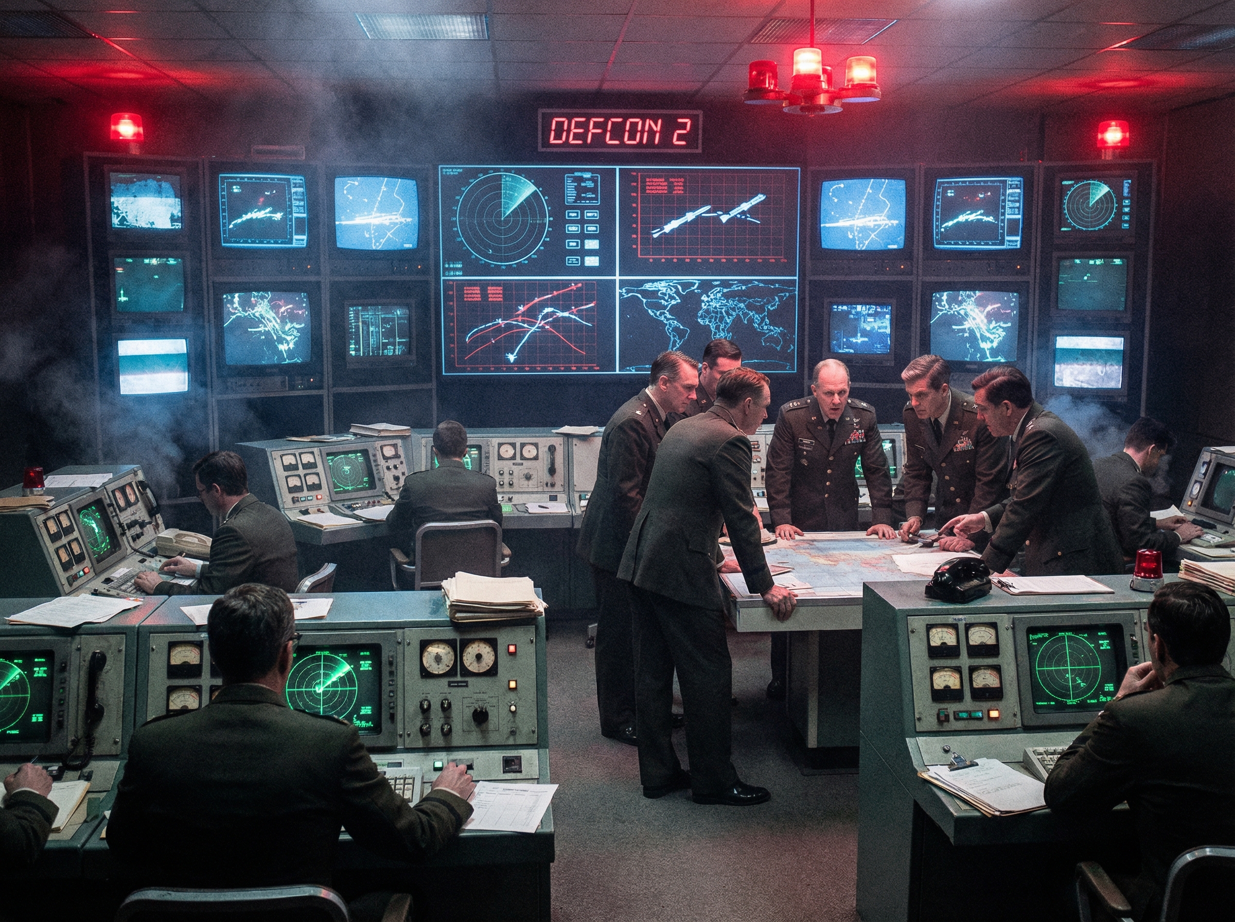 NORAD command center with banks of radar screens and operators monitoring for incoming threats