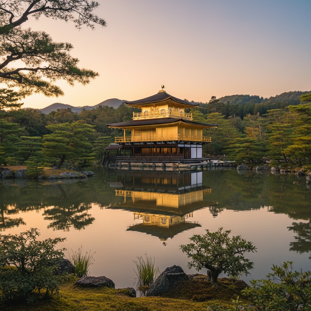 Kinkaku-ji Golden Pavilion reflected in the mirror pond at golden hour