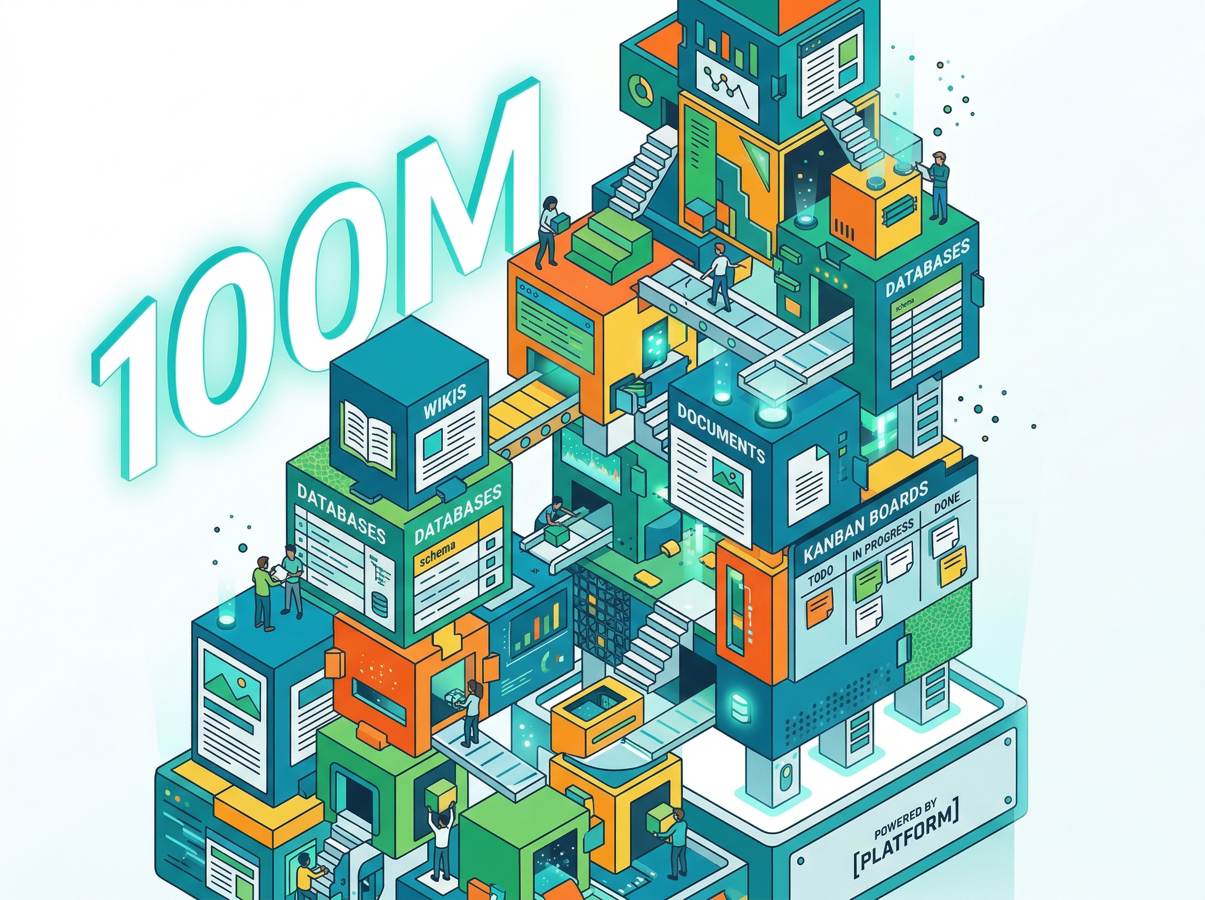Colorful modular workspace blocks assembling into a flexible tower structure