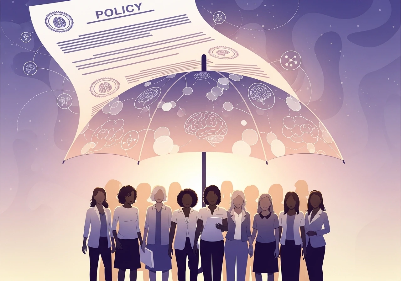 Policy umbrella protecting women silhouettes, brain health symbols