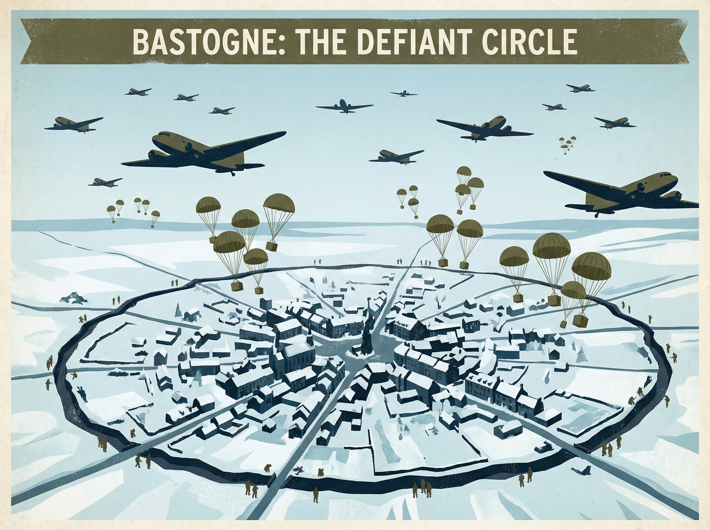 Aerial view of Bastogne under siege, supply parachutes dropping from C-47 aircraft against a winter sky