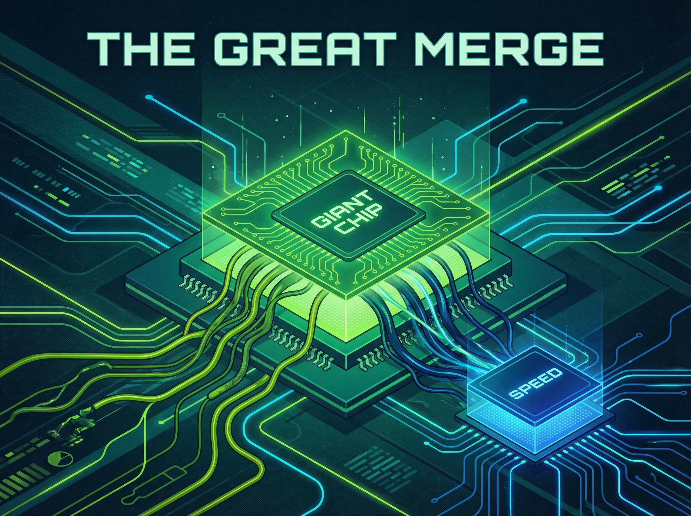 Giant green chip absorbing smaller glowing speed chip