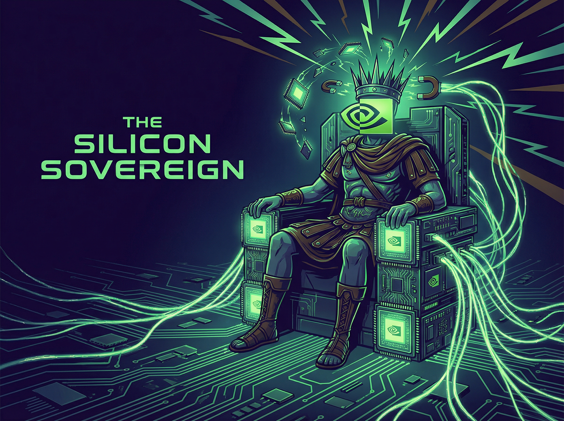 NVIDIA emperor on throne of GPU chips absorbing competitors