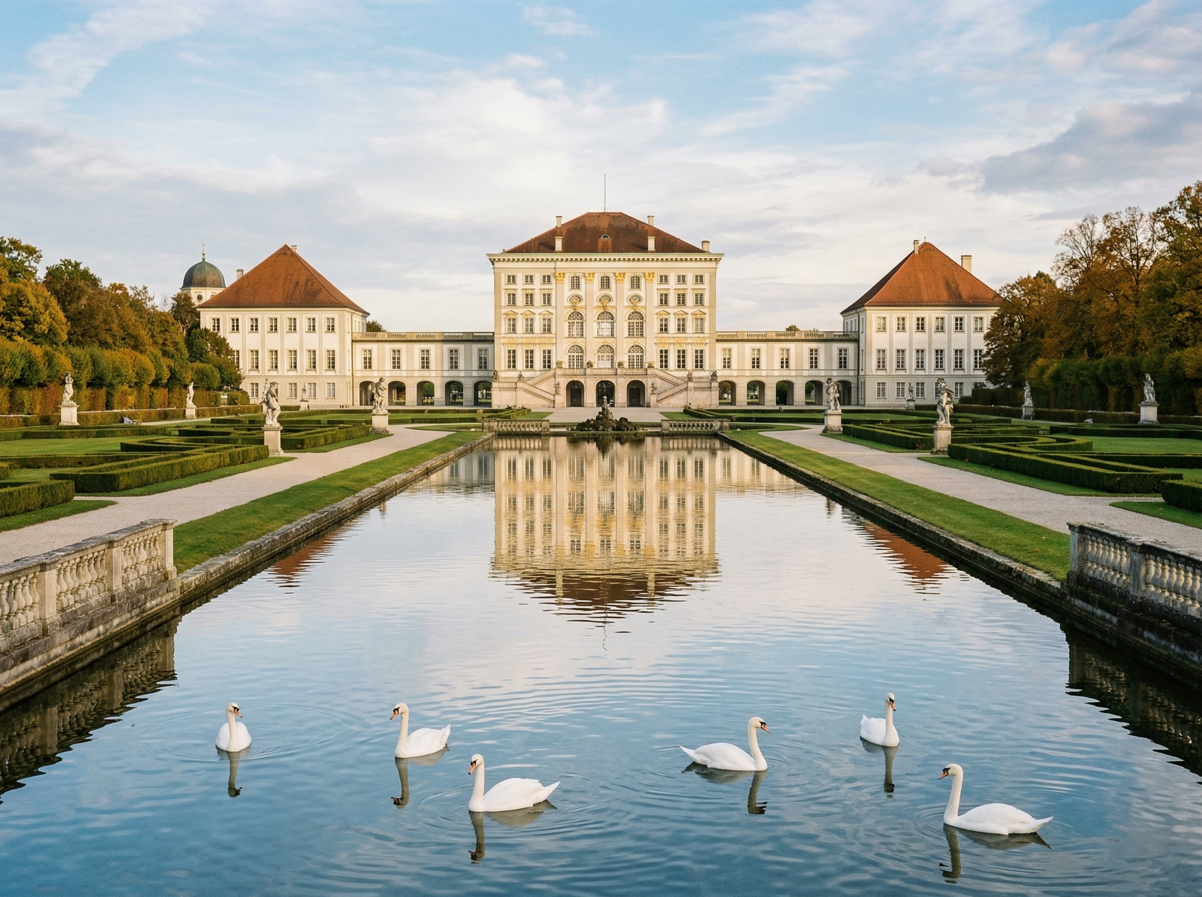 Nymphenburg Palace reflected in its grand canal, baroque architecture in cream and gold with manicured gardens