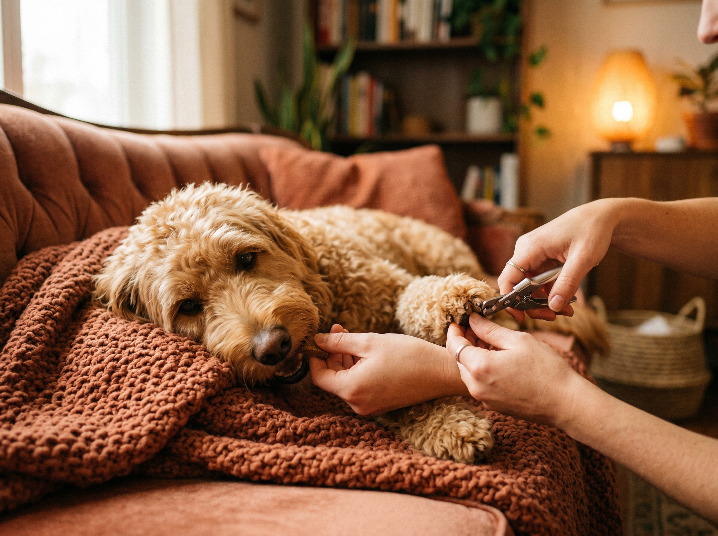 A calm dog receiving a single nail clip while simultaneously getting a treat