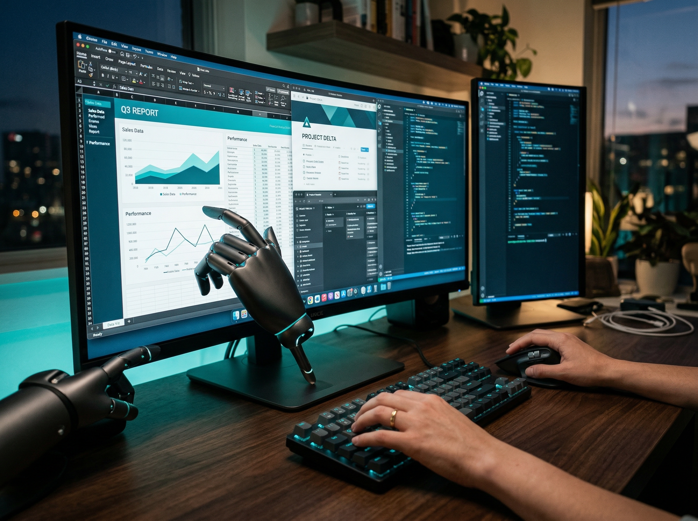 Robotic and human hands collaborating on a desktop computer interface with complex productivity workflows