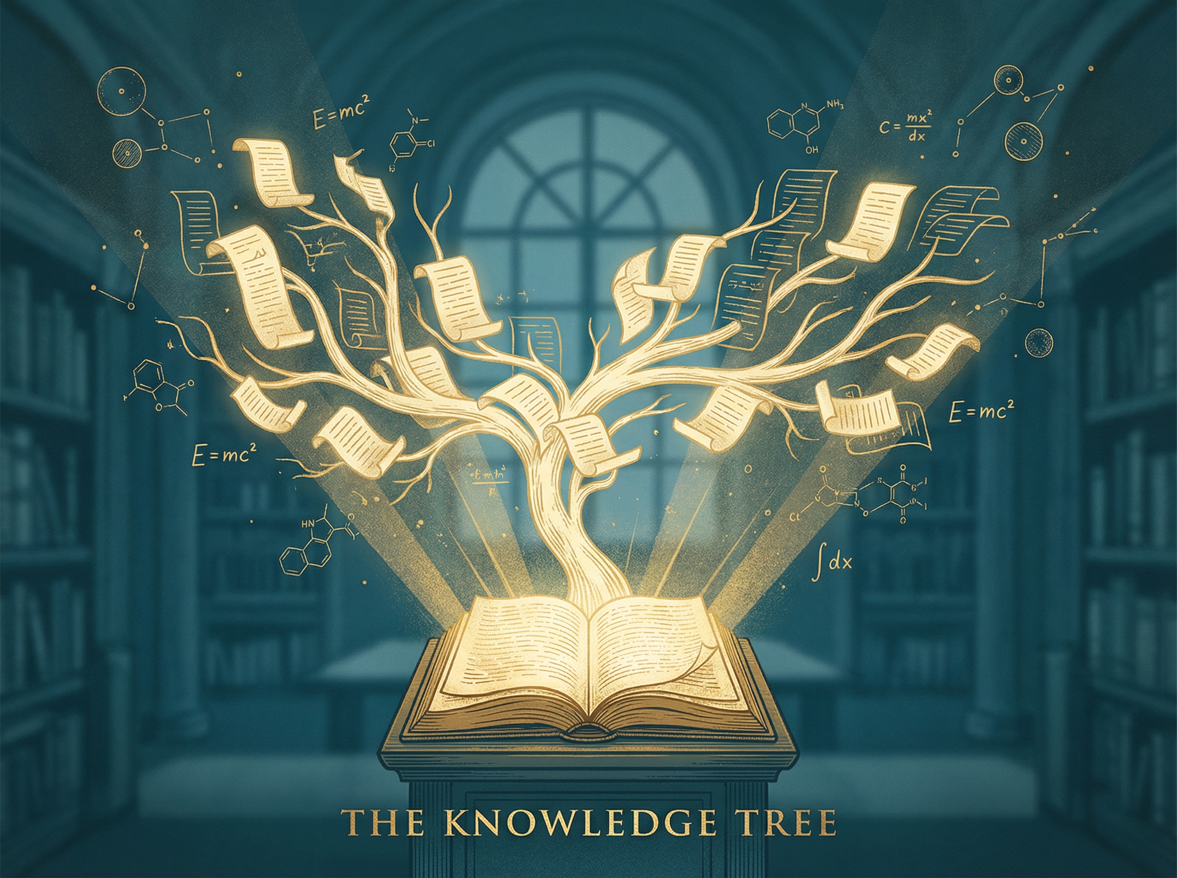 An open book radiating light into a constellation of interconnected research papers