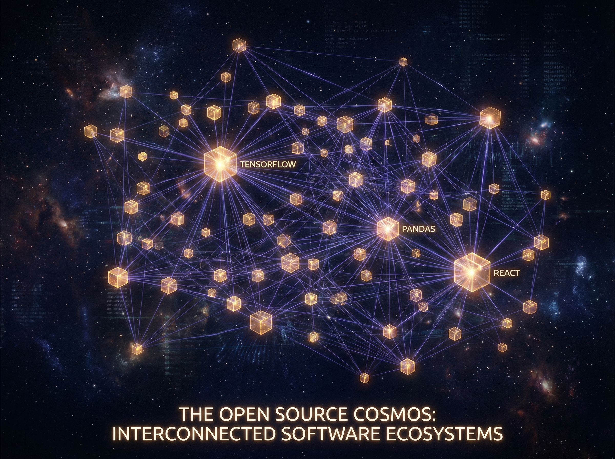 A constellation of glowing interconnected software packages floating in space
