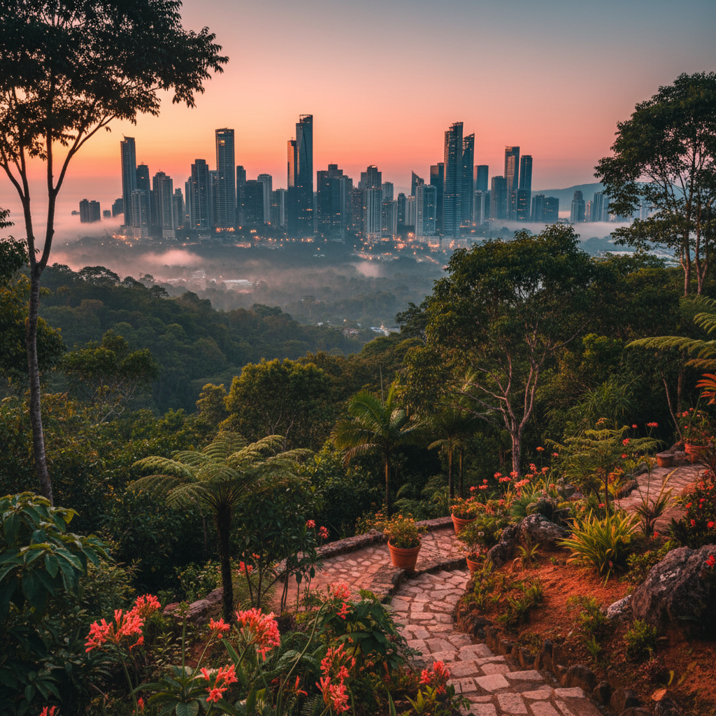 Panama City skyline at golden hour from Boquete highlands