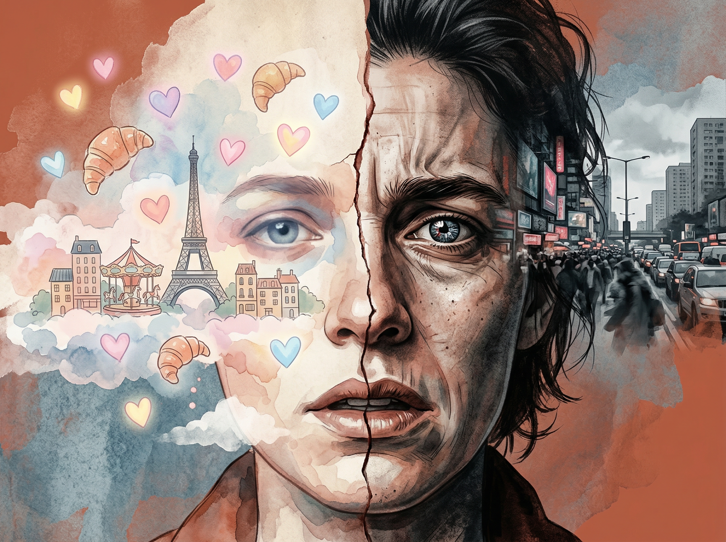 Surrealist split portrait showing dreamy Paris fantasy on one side and stressed urban reality on the other
