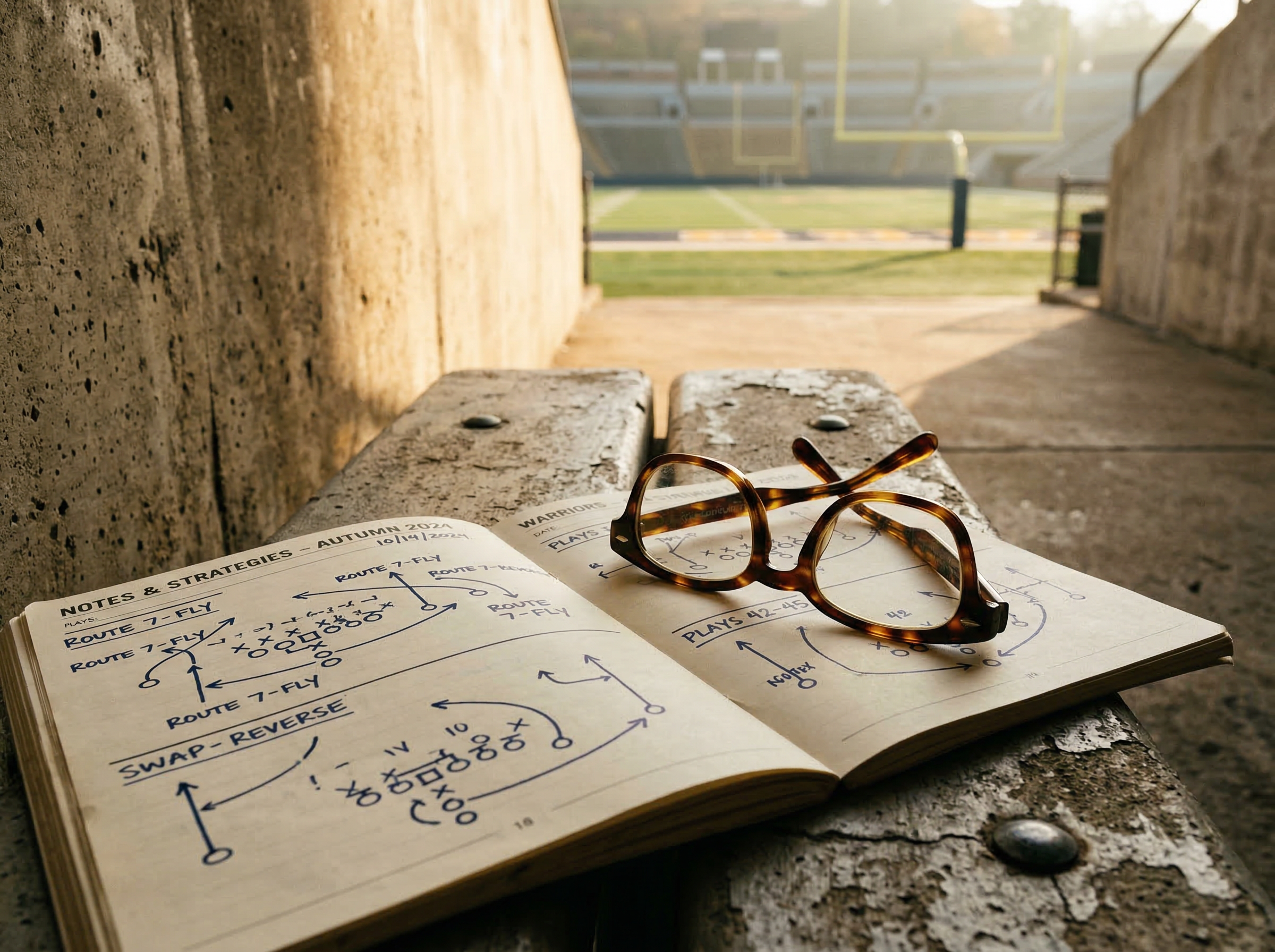 A pair of thick-rimmed glasses resting on an open playbook, symbolizing Joe Paterno's complex legacy