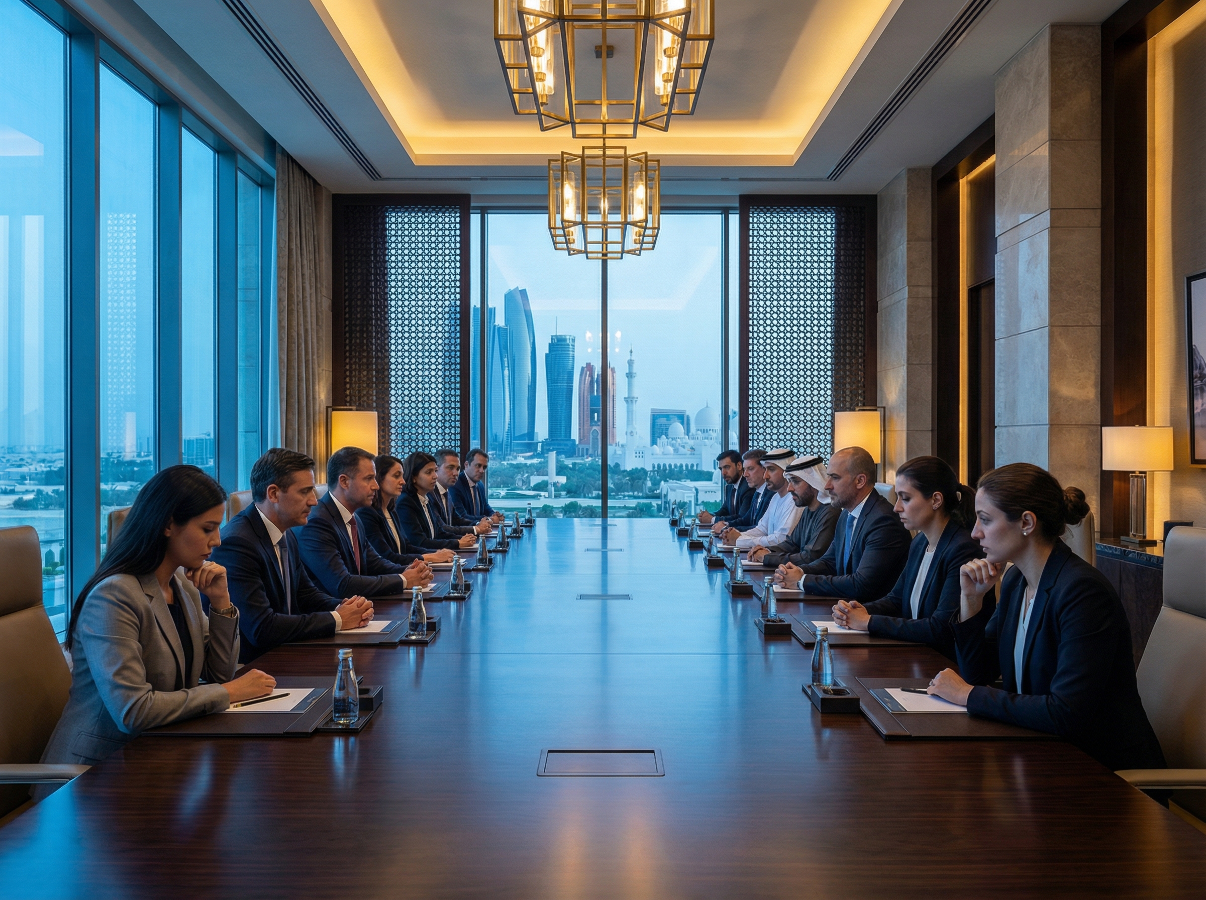 Diplomatic negotiation table in an elegant Abu Dhabi conference room