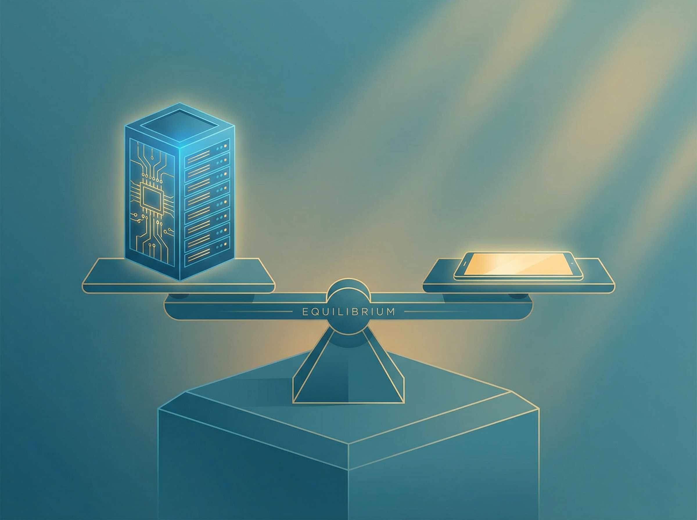 A balance scale with a server rack and a tablet finding perfect equilibrium, representing the Goldilocks zone of model size