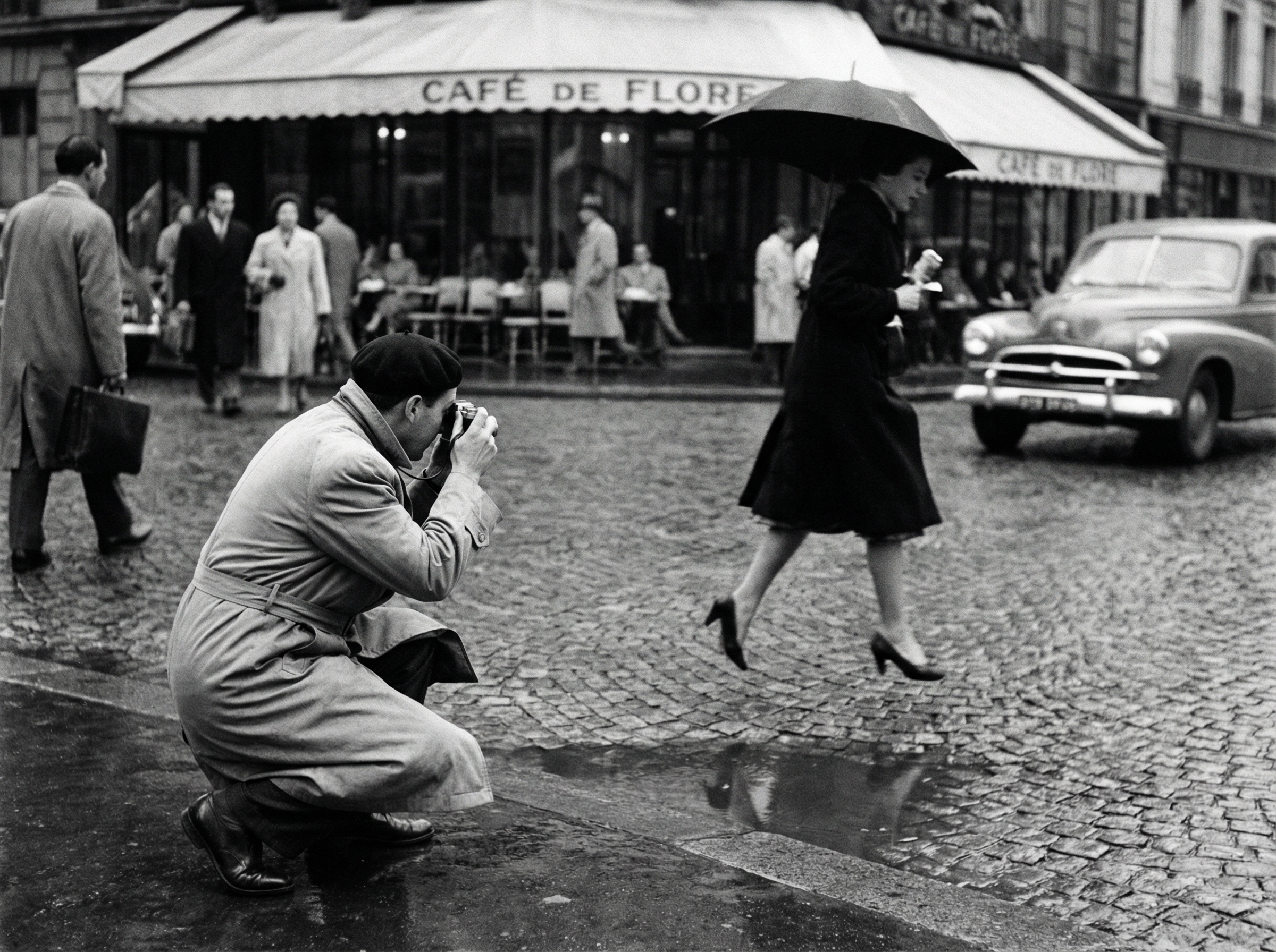 Street photographer in 1950s Paris capturing the decisive moment