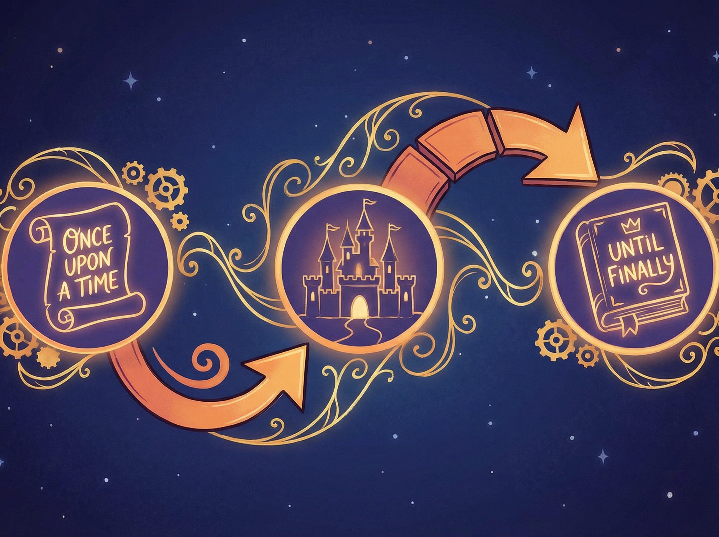 Animation frame with causality arrows connecting glowing story beats