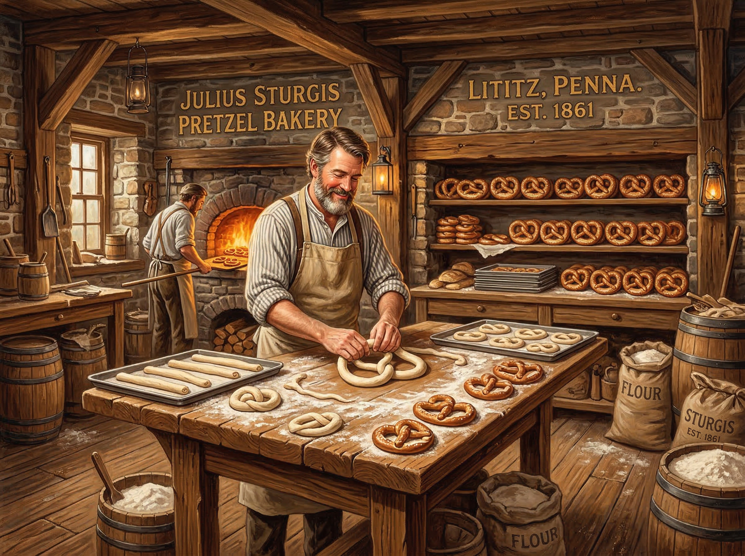 19th-century stone pretzel bakery interior with a baker hand-twisting golden pretzels on a flour-dusted table