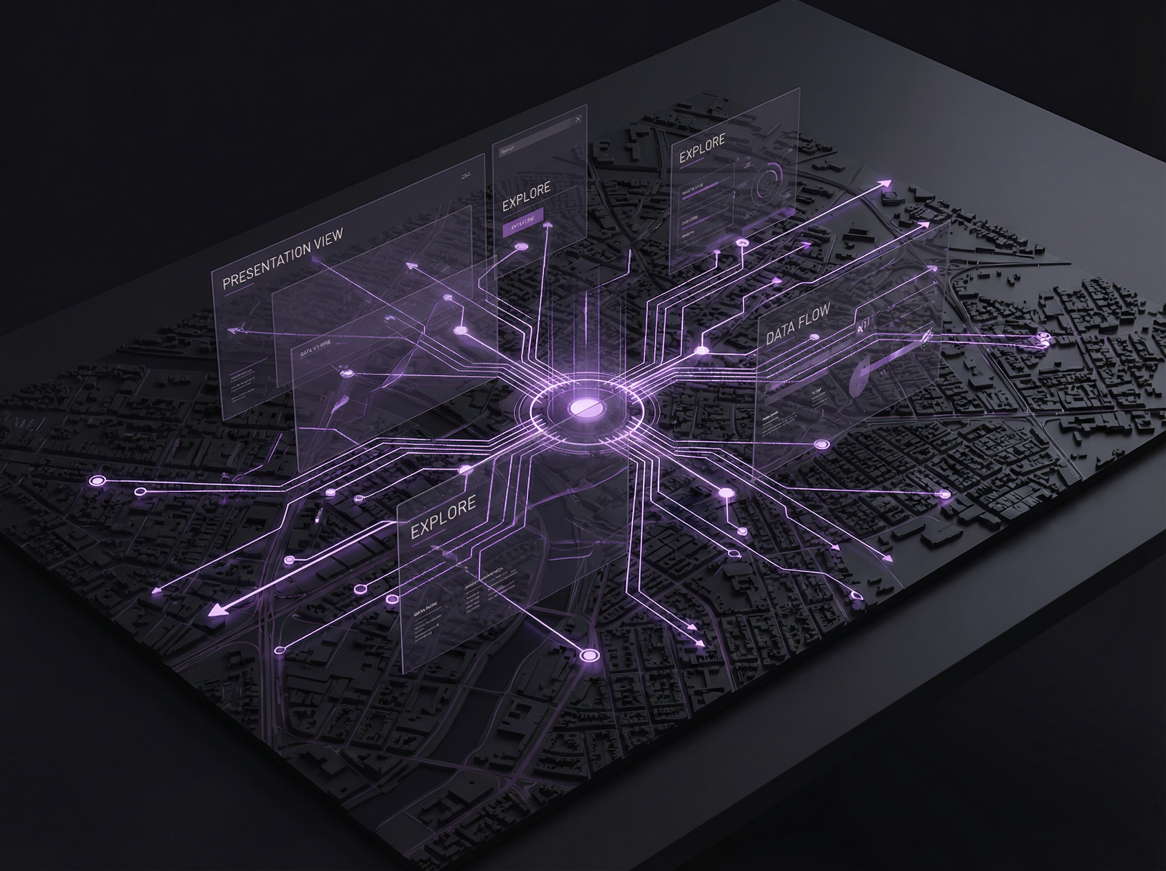 Aerial view of an abstract city map transformed into a presentation with interconnected glowing nodes